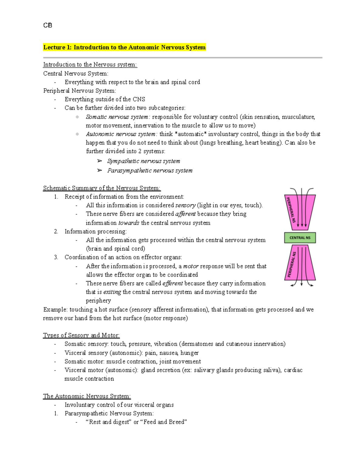 L1 - Dr. Ventura - Lecture 1: Introduction to the Autonomic Nervous ...