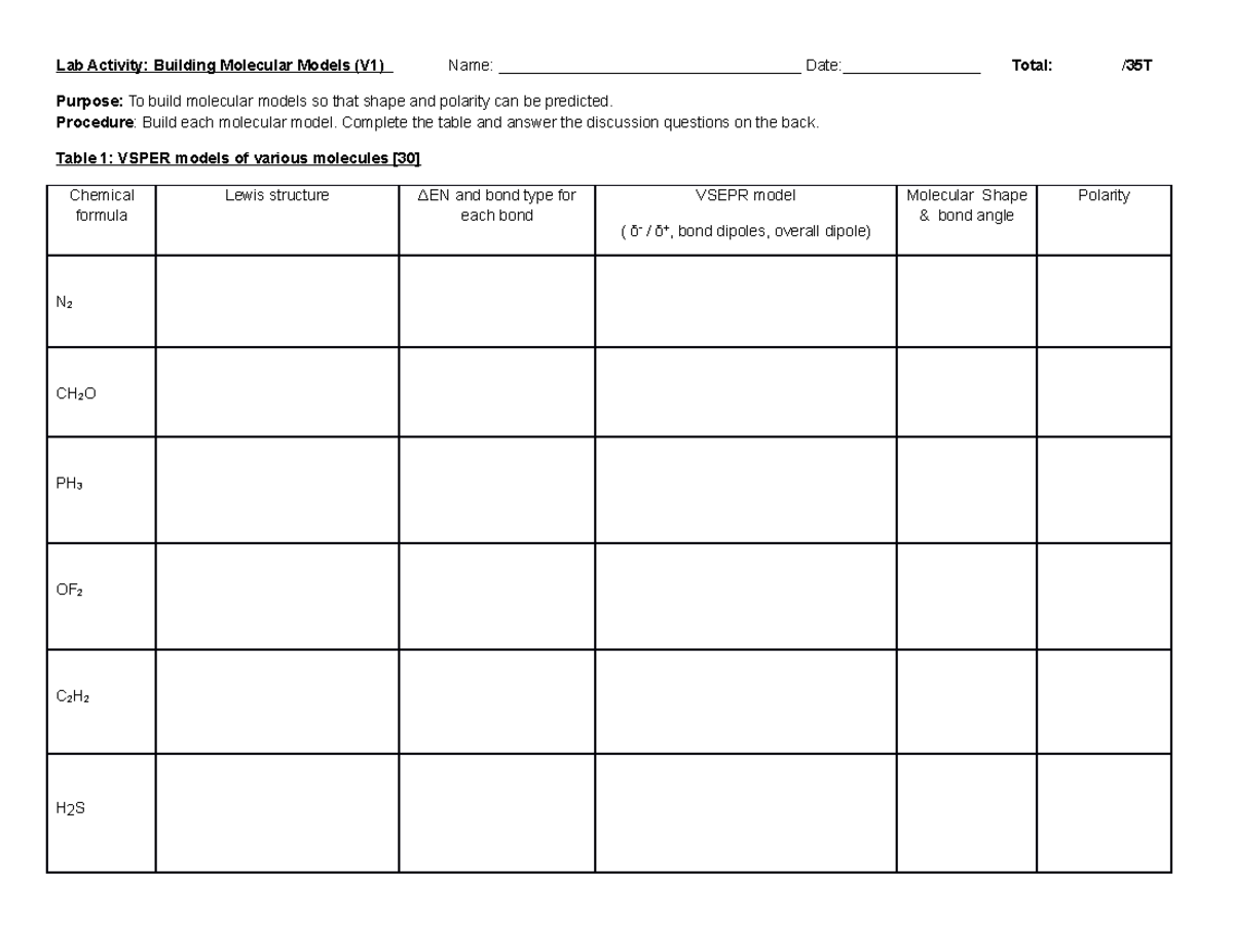 Building Molecular Models Lab (V1) - Lab Activity: Building Molecular ...