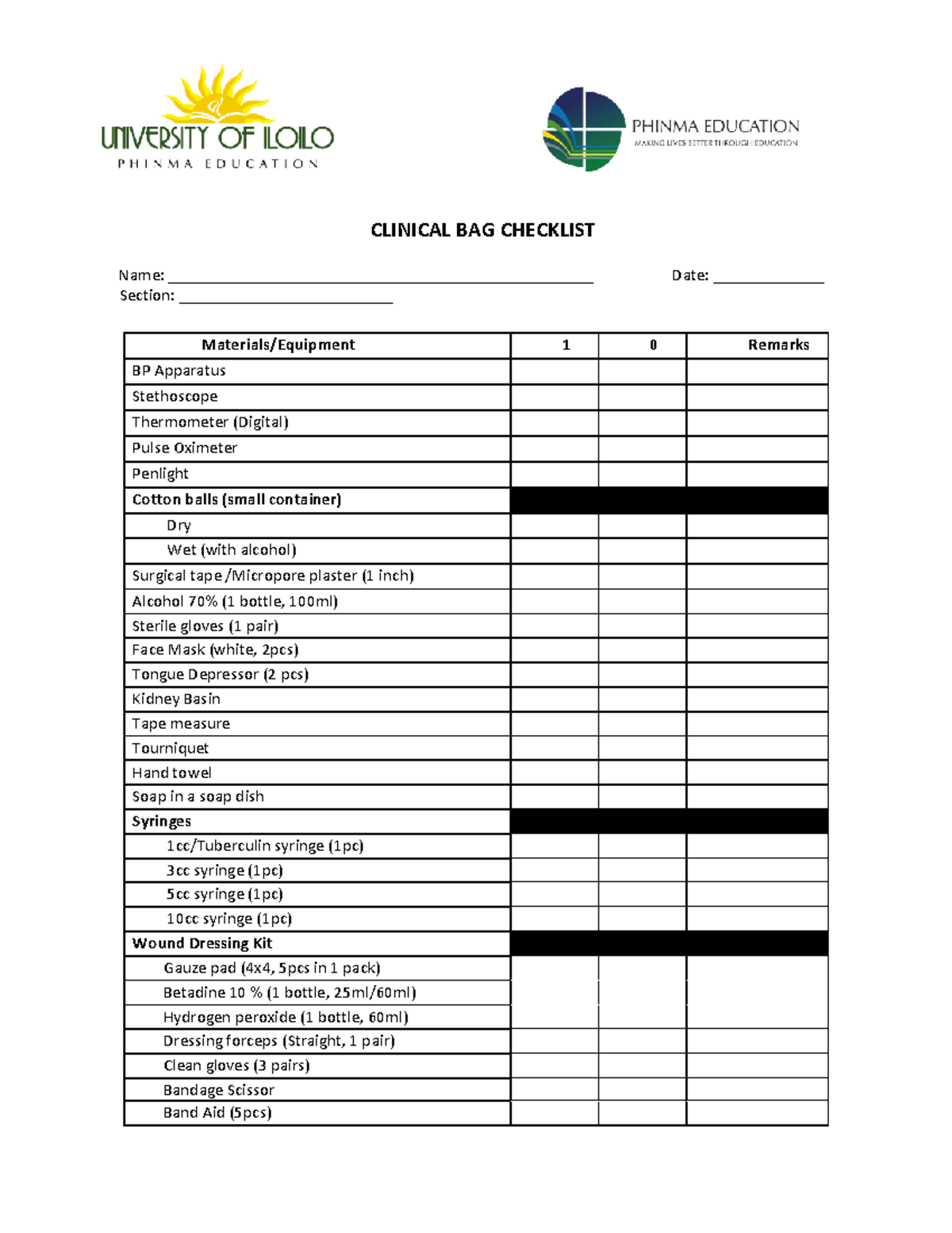 Clinical-BAG- Checklist - CLINICAL BAG CHECKLIST Name: - Studocu