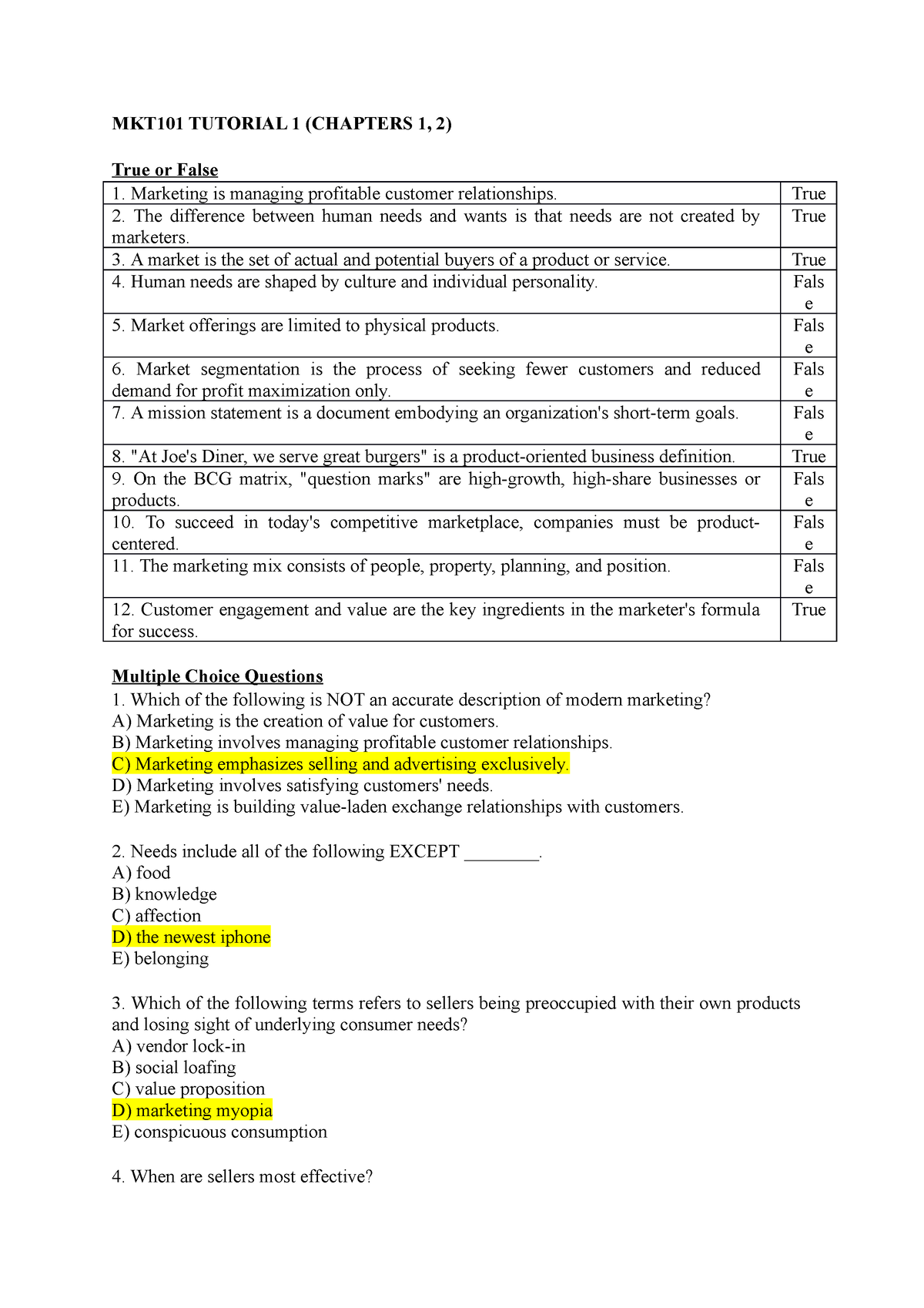 MKT101 Tutorial 1 ( Chaps 1, 2) - MKT101 TUTORIAL 1 (CHAPTERS 1, 2 ...