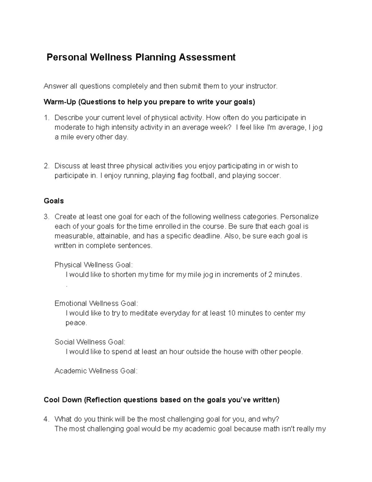 Wellness assessment - n/a - Personal Wellness Planning Assessment ...