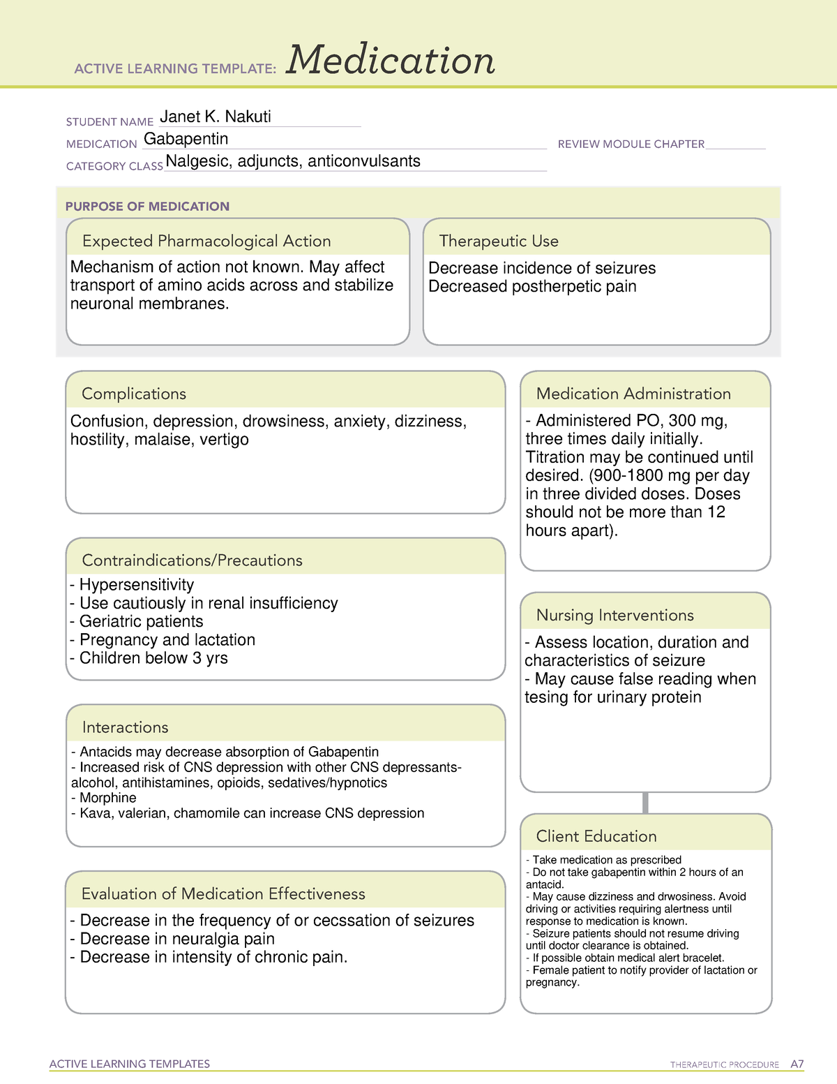 Medication card Gabapentin ACTIVE LEARNING TEMPLATES THERAPEUTIC