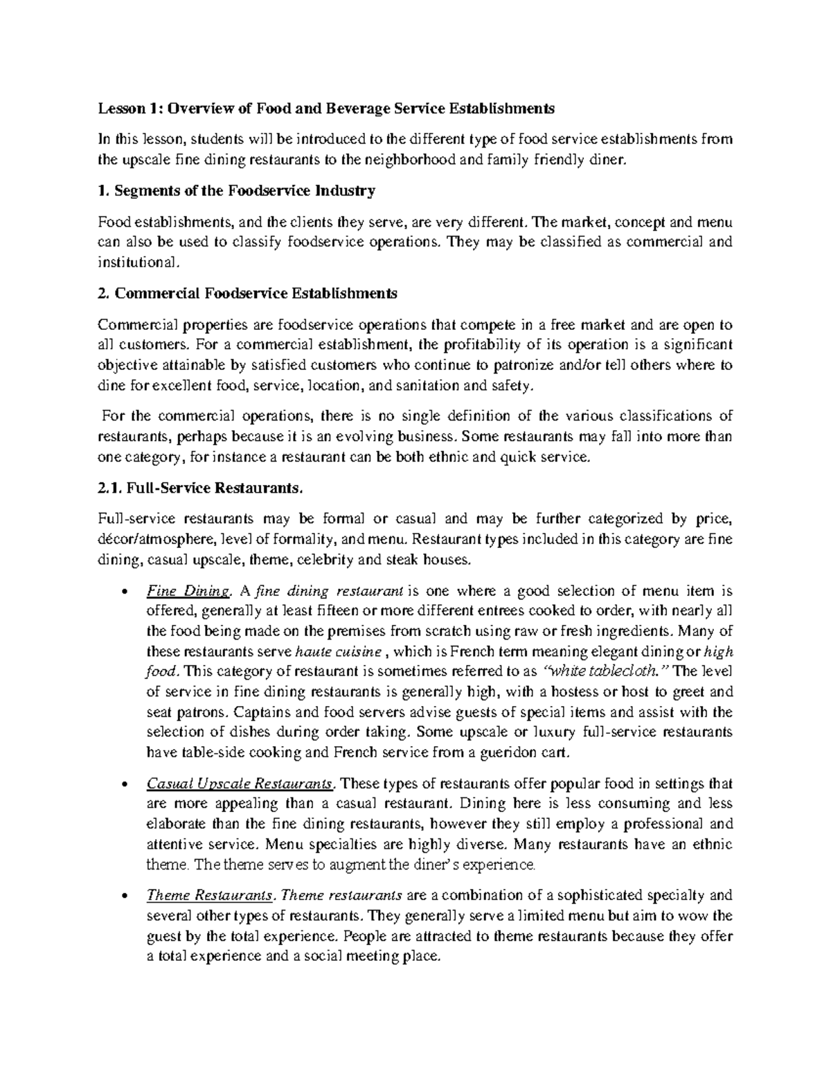 Overview of Food and Beverage Service Establishments 1. Segments of