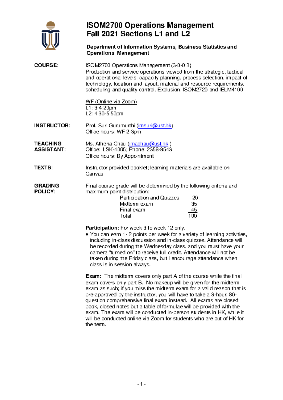 ISOM2700 L1 L2 F2110 - Syllabus - ISOM2700 Operations Management Fall ...