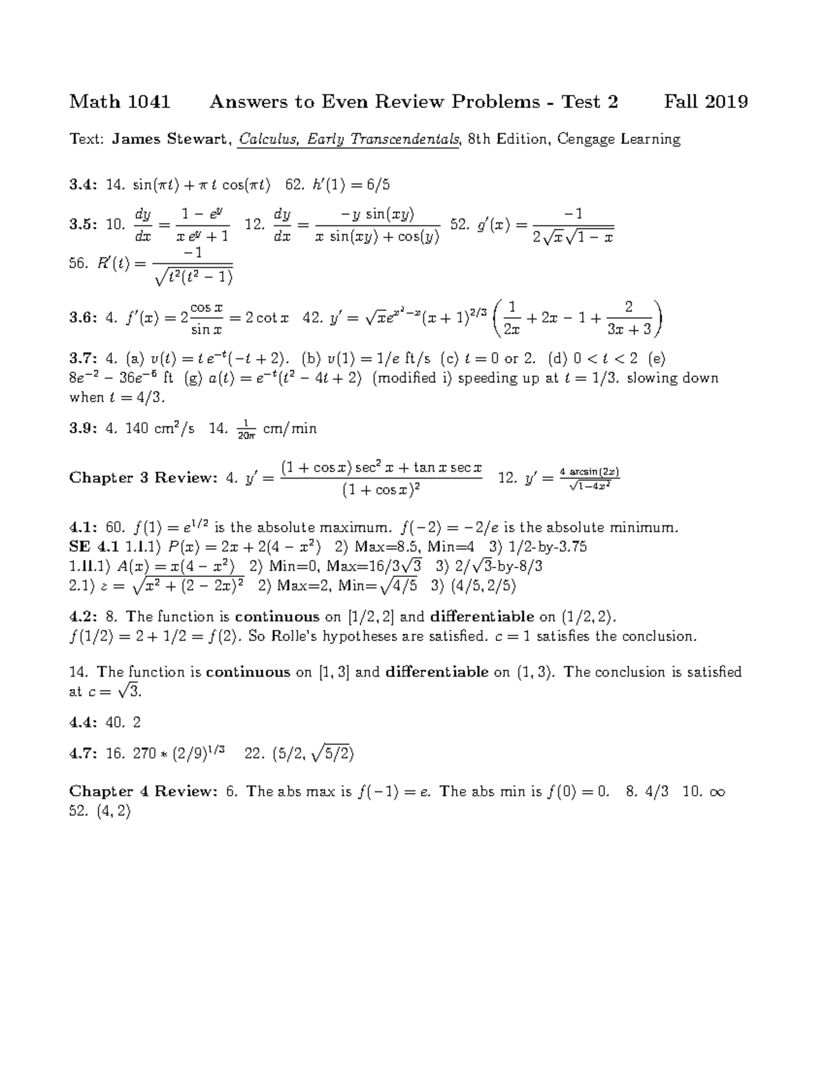 1041Exam2Review Even Ans Fa21 - Math 1041 Answers to Even Review ...