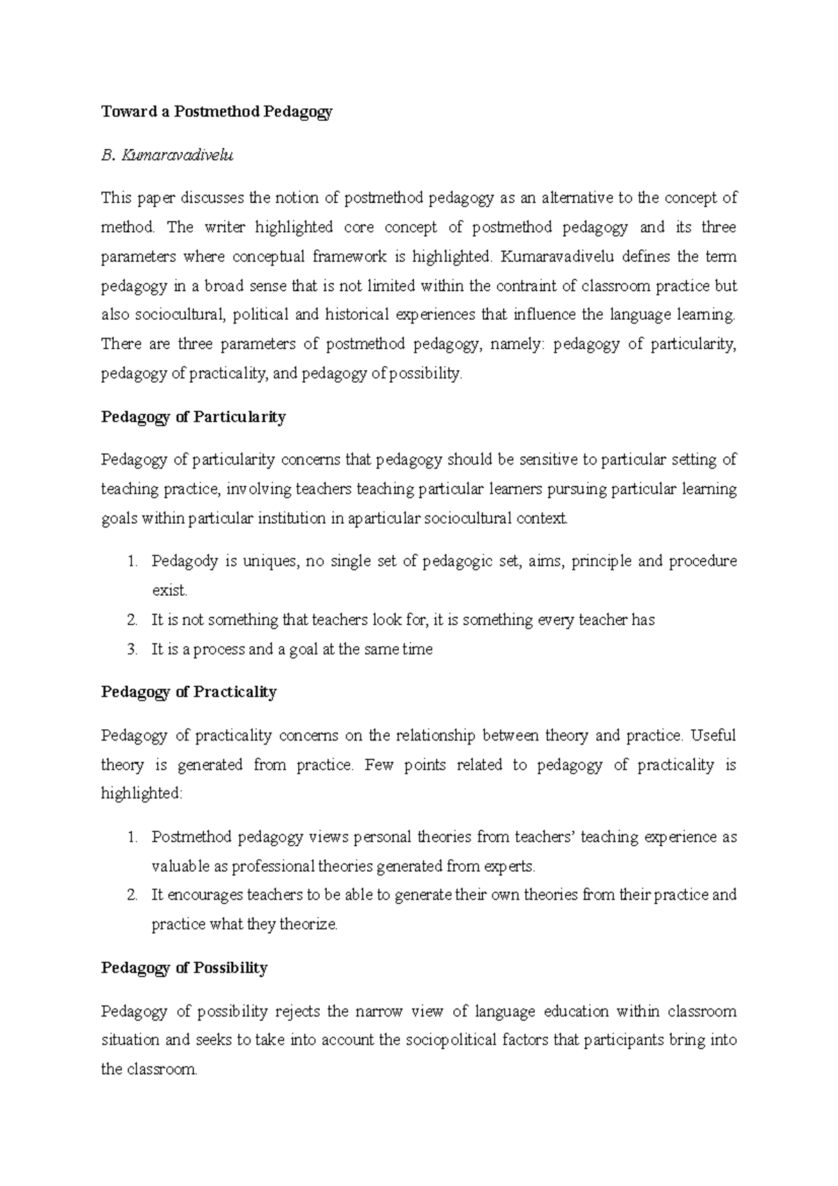 Article Review LTM - Toward a Postmethod Pedagogy B. Kumaravadivelu ...
