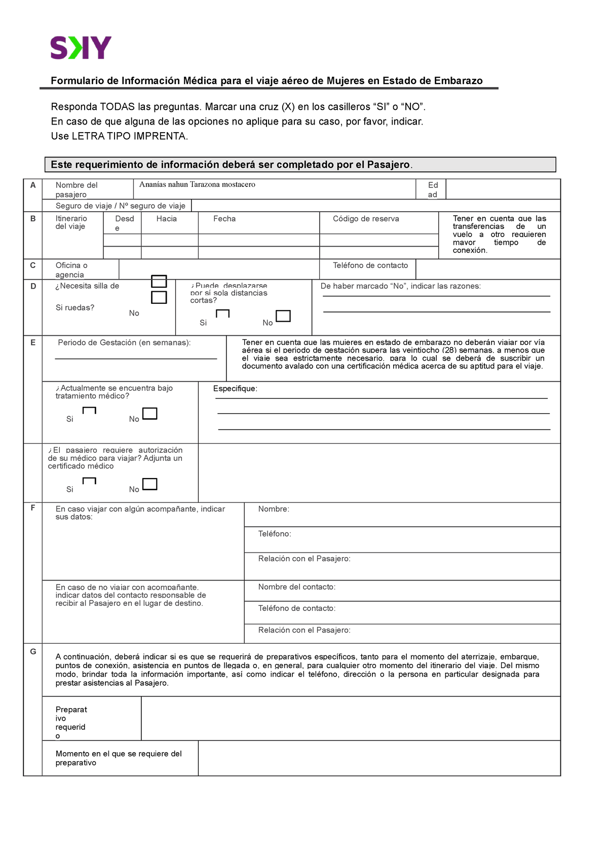 Formulario Medif SKY mujer embarazada convertido - Formulario de  Información Médica para el viaje - Studocu