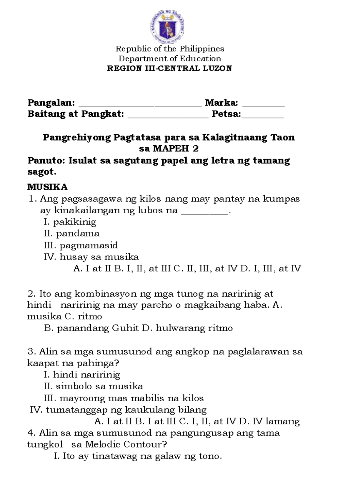 Mapeh 2 Mya Assessment Tool Republic Of The Philippines Department Of Education Region Iii 0618