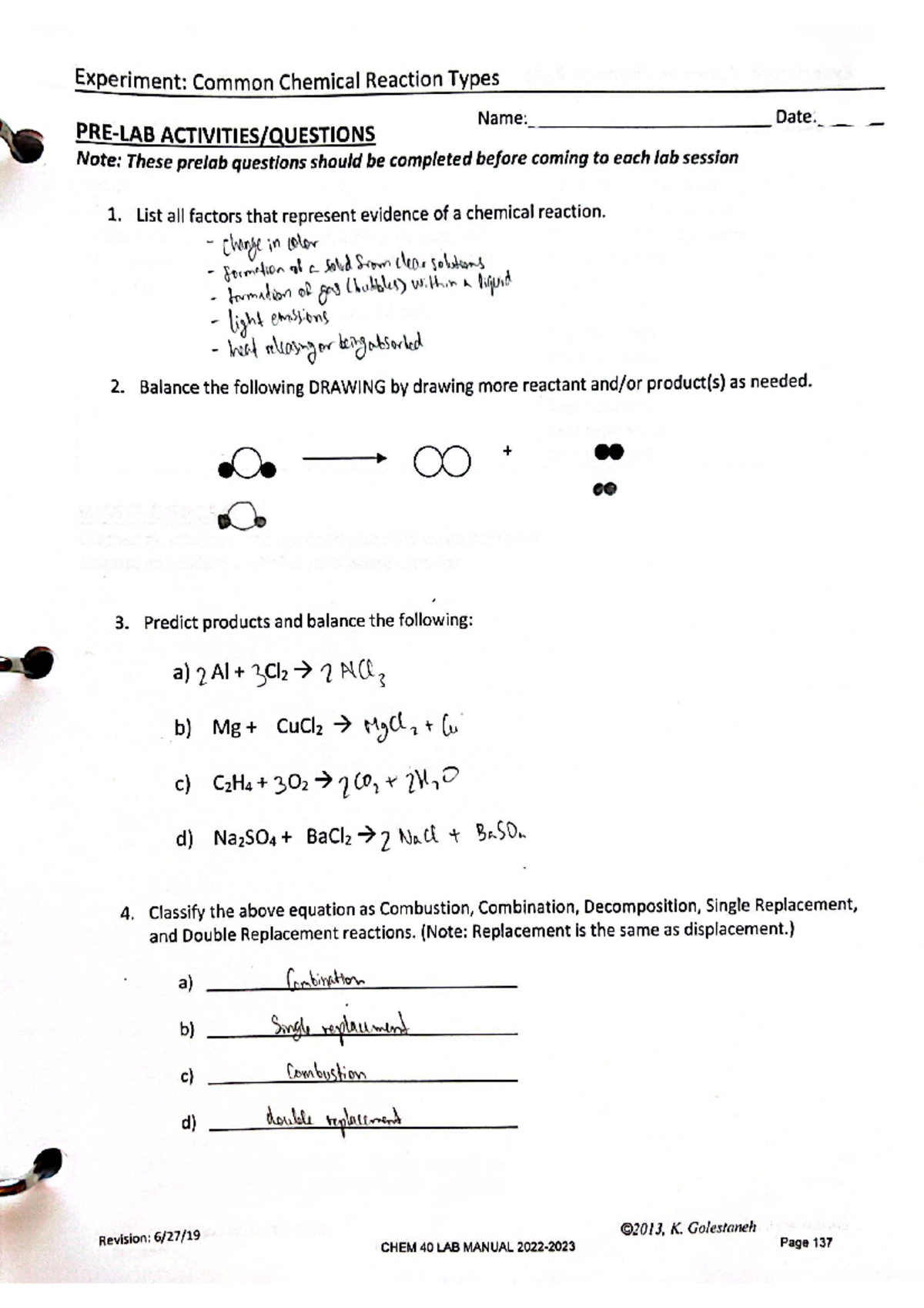 Common Chemical Reactions PreLab CHEM 40 Studocu