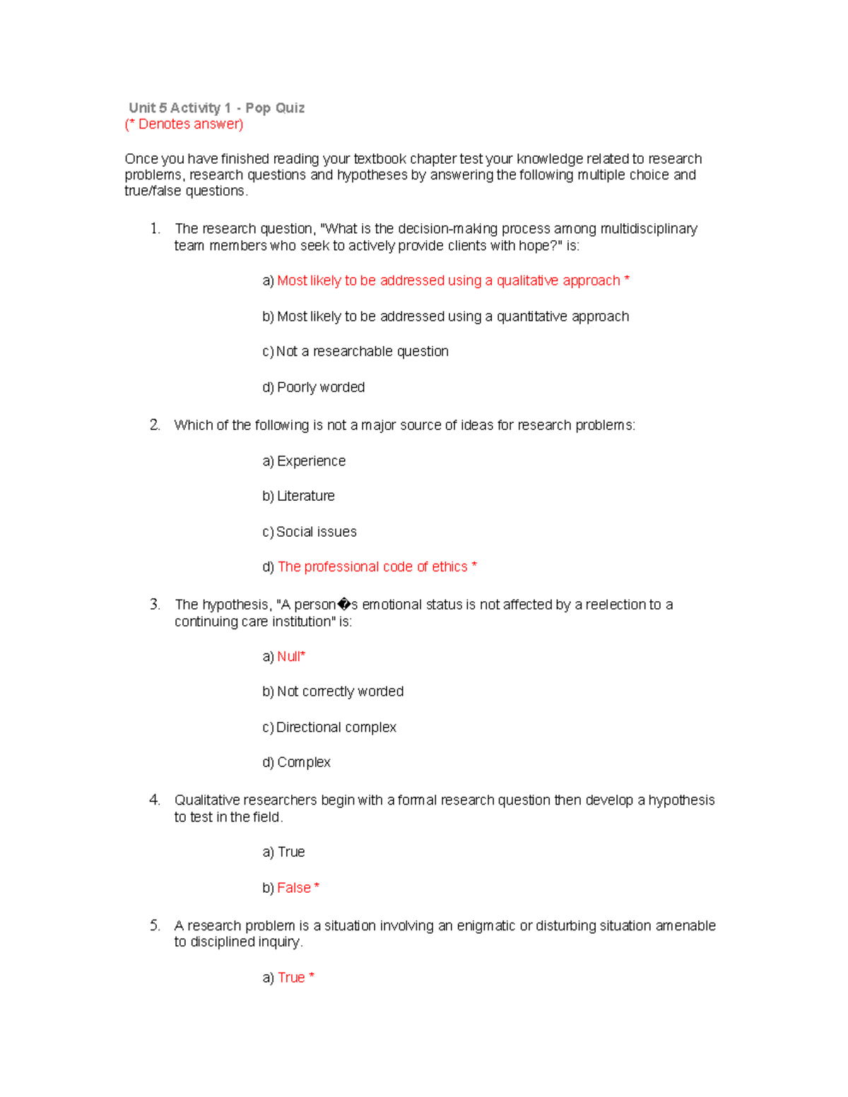 Unit 5 Activity 1 - Pop Quiz Denotes answer - Unit 5 Activity 1 - Pop ...