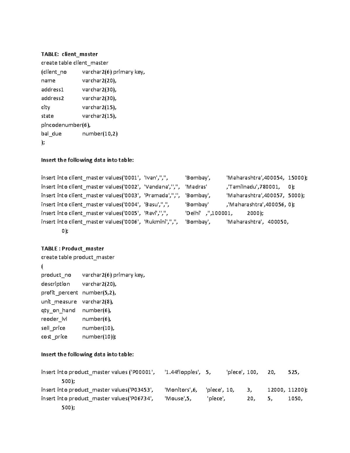 Lab 1 sol - Nsnssn - TABLE: client_master create table client_master ...