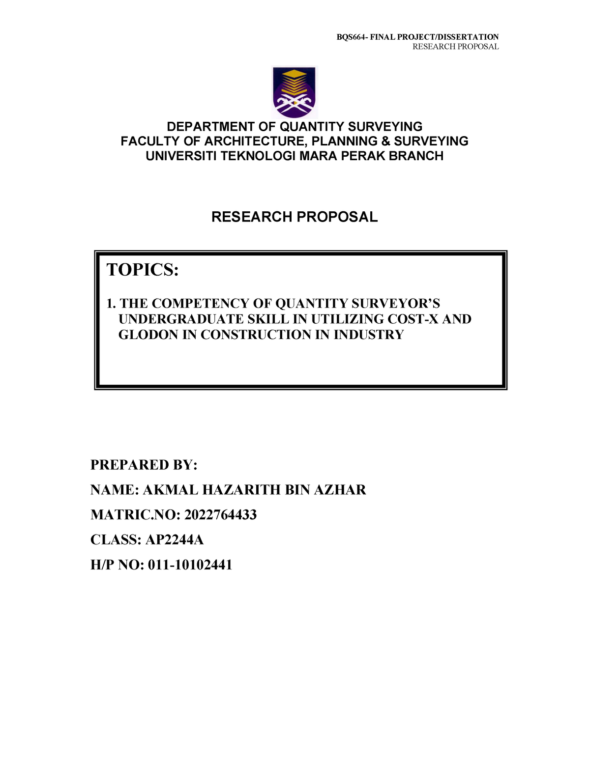 research proposal quantity surveying