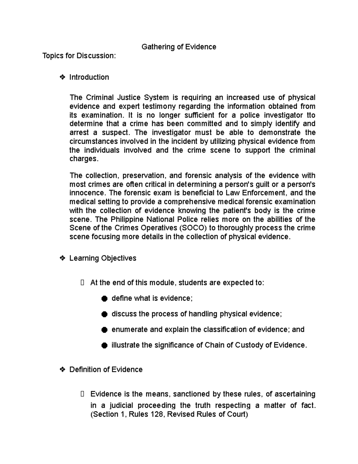 Garherinf OF Evidence 1 - Gathering of Evidence Topics for Discussion ...