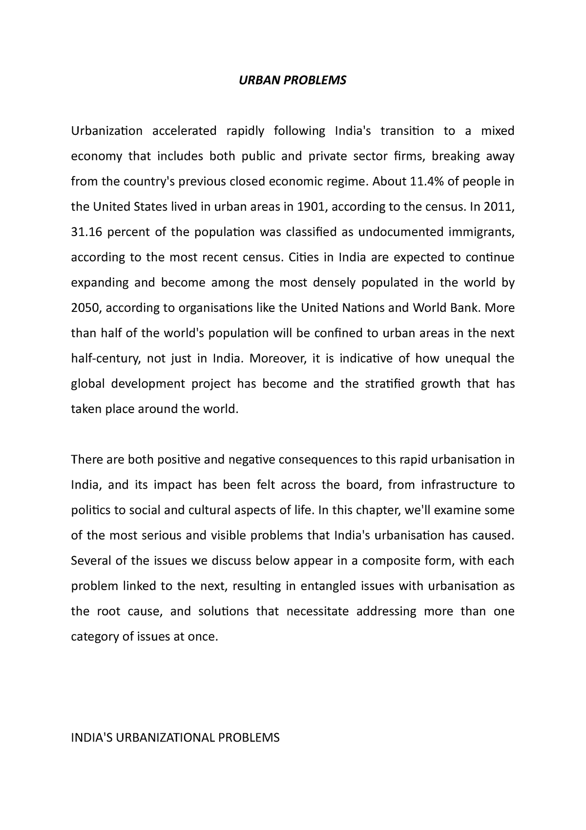 essay on urban problems in india