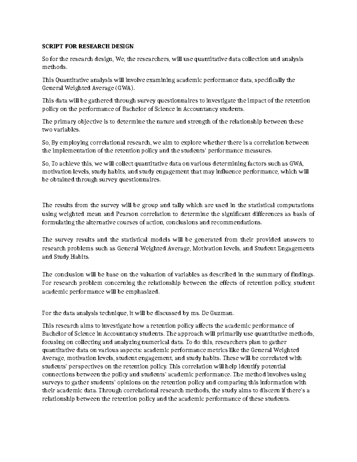 Script FOR Research Design - SCRIPT FOR RESEARCH DESIGN So for the ...
