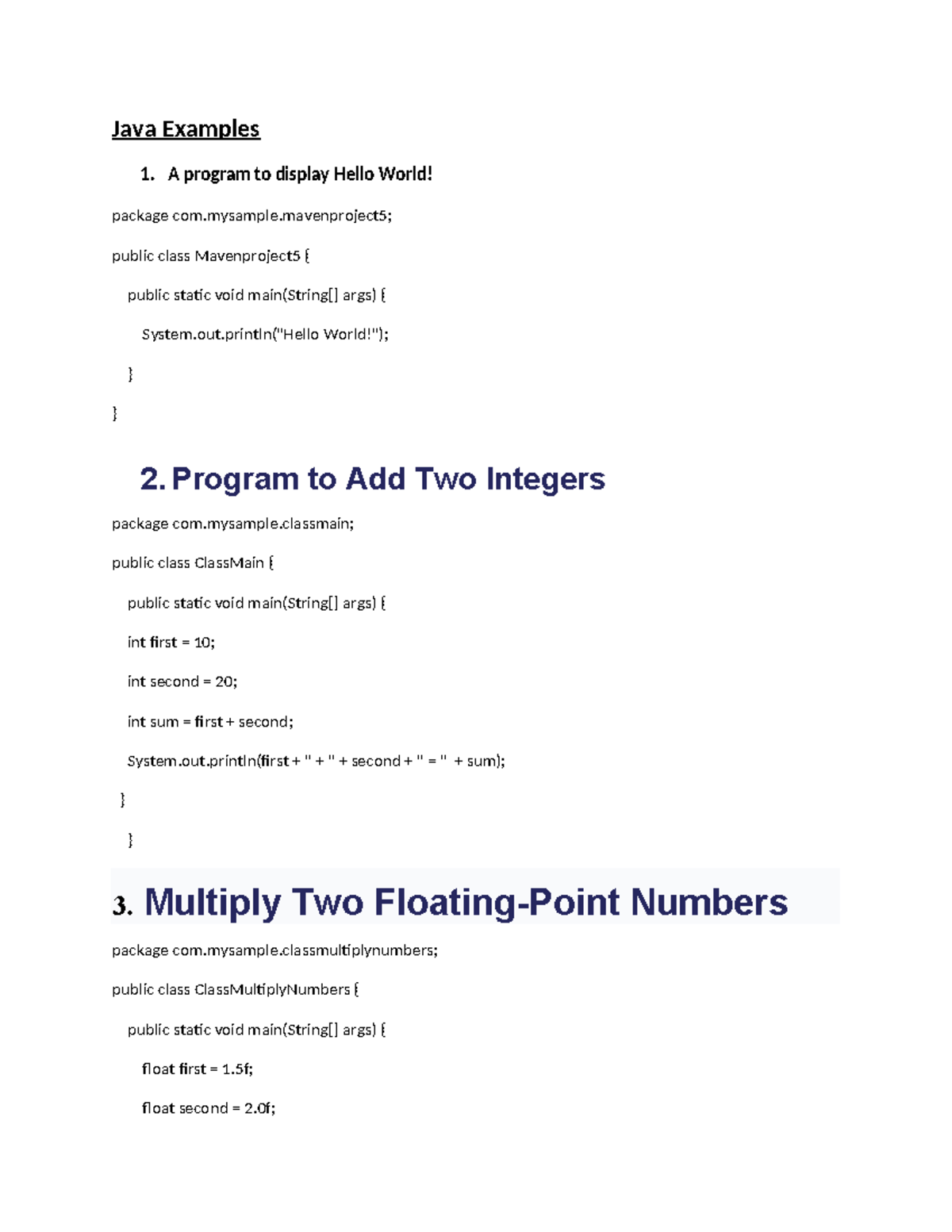 Java Examples - year three semester one - Java Examples 1. A program to ...
