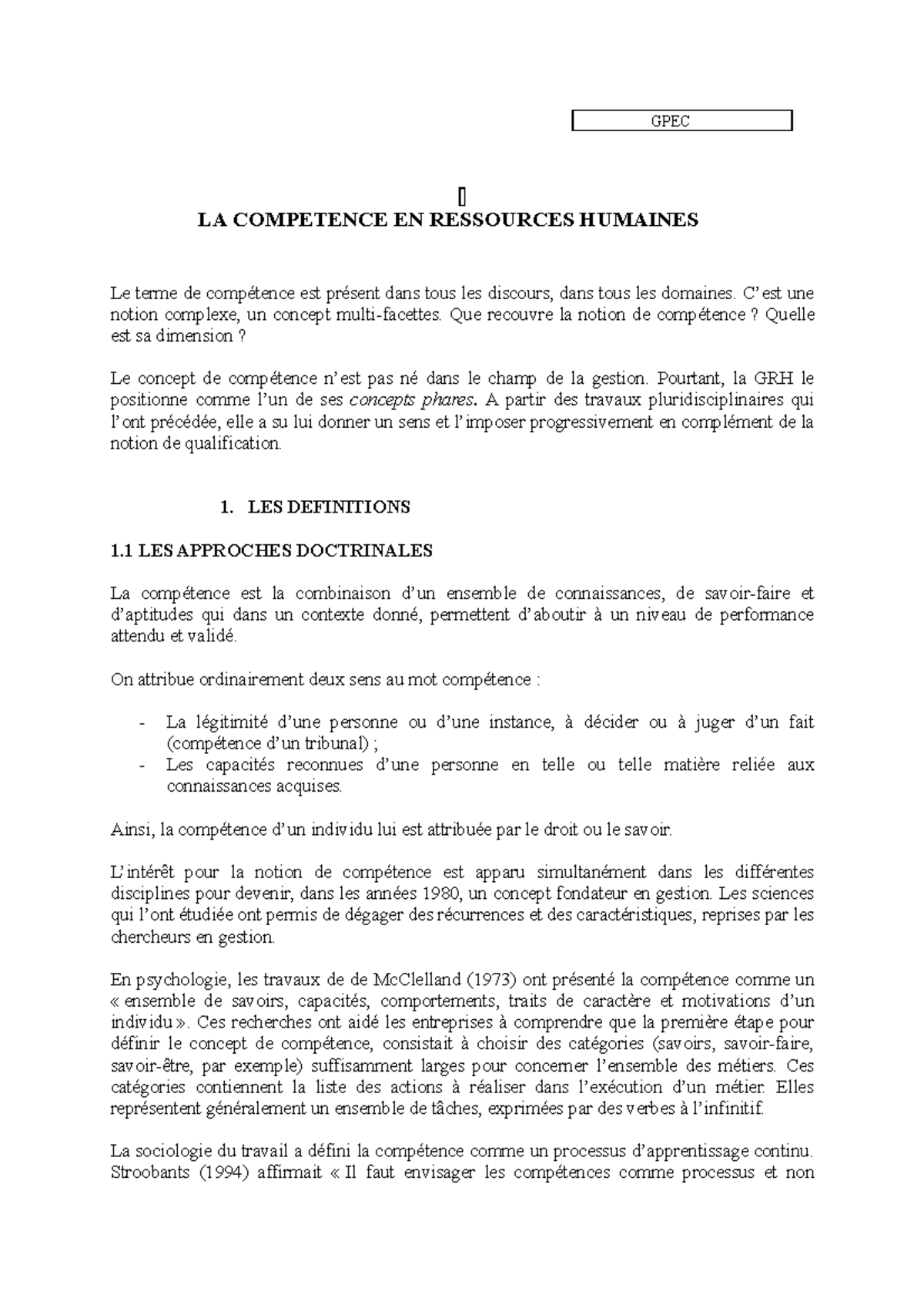 Support cours GPEC la compétence en RH - GPEC LA COMPETENCE EN ...
