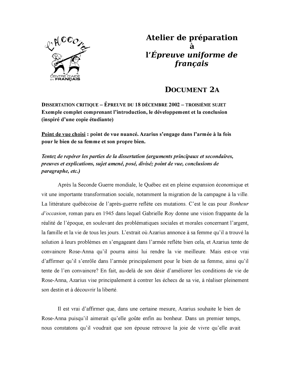 2A  Dissertation Bonheur d'occasion ,littérature française  Atelier