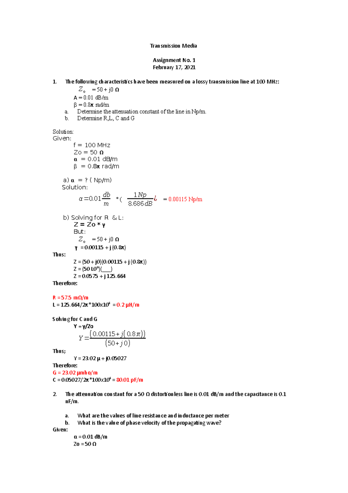 Assignment No 1 Feb - Transmission Media Assignment No. 1 February 17 ...