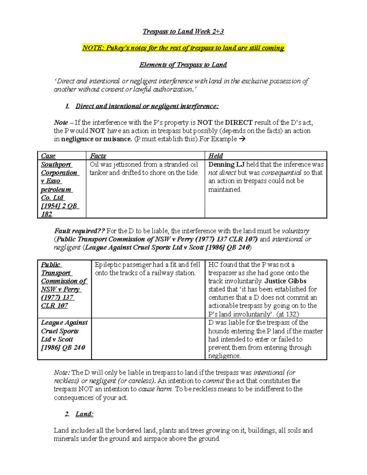 Summary - Complete - Elements Of Trespass To Land Notes - Trespass To ...