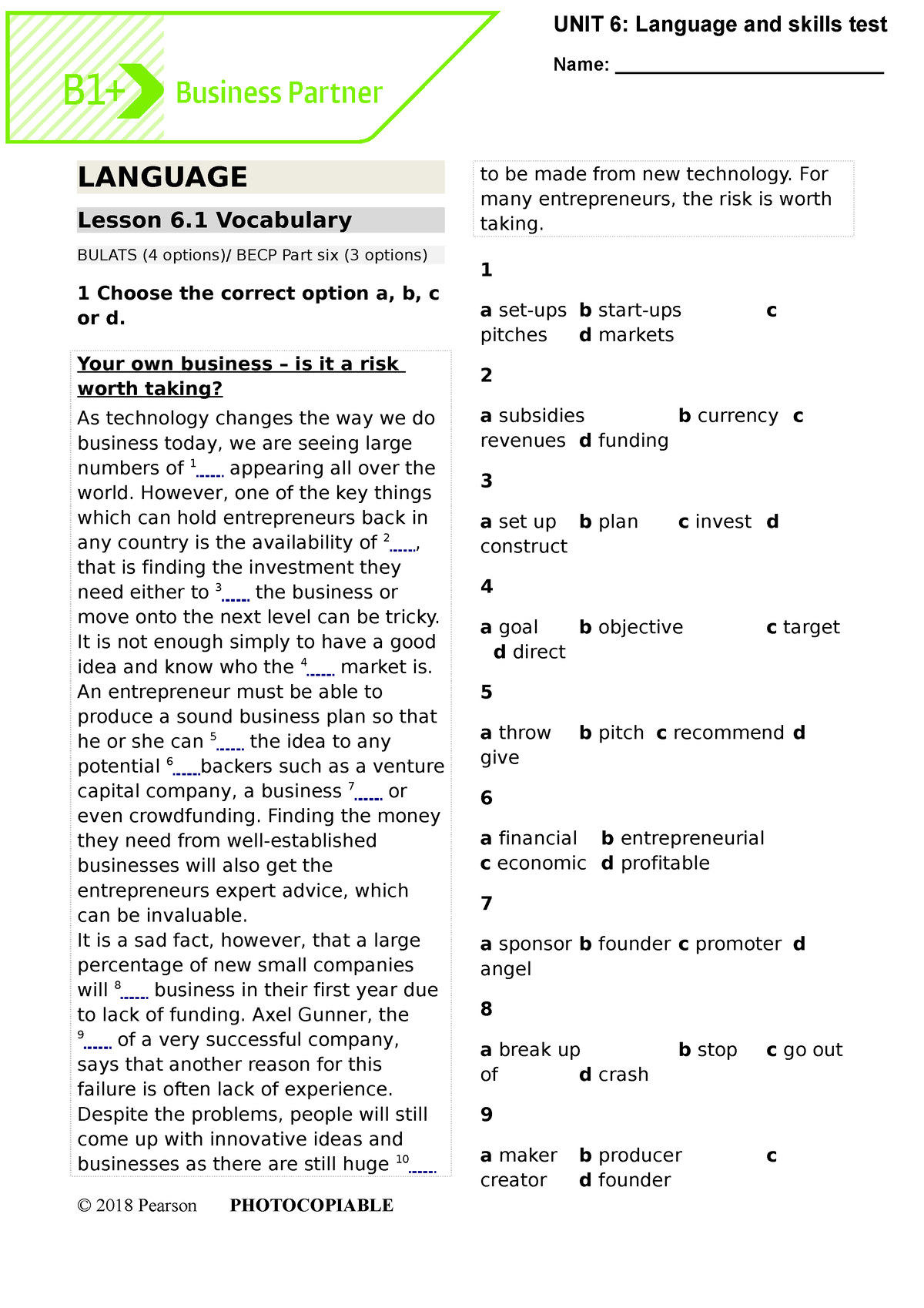 BP B1plus Tests Unit6 - Kỹ Năng - LANGUAGE Lesson 6 Vocabulary BULATS ...