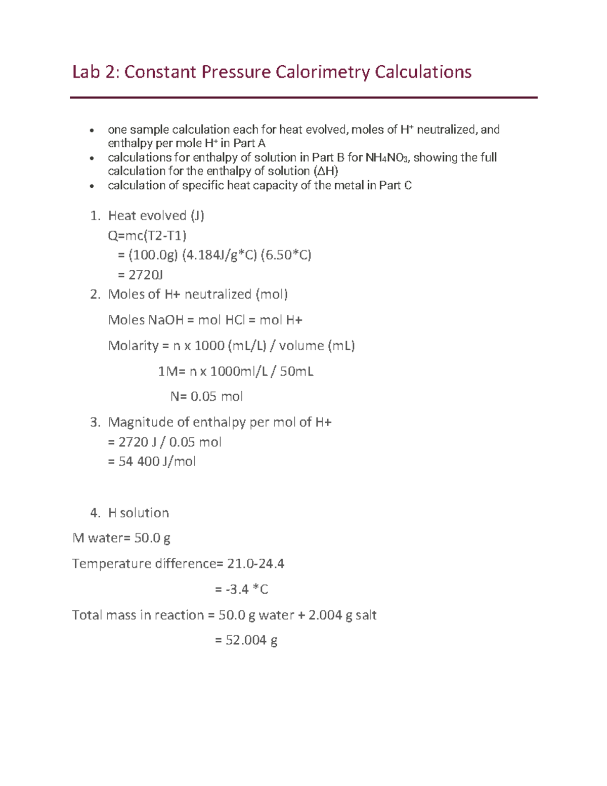 Lab 2 Calculations different notes Lab 2 Constant Pressure