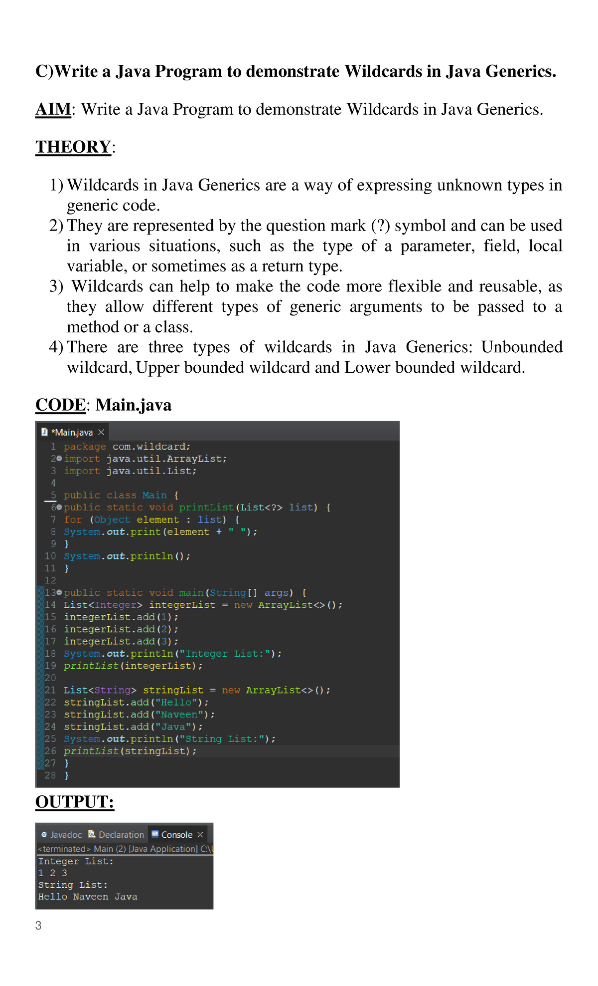 1-3 - java practical - 3 C)Write a Java Program to demonstrate ...