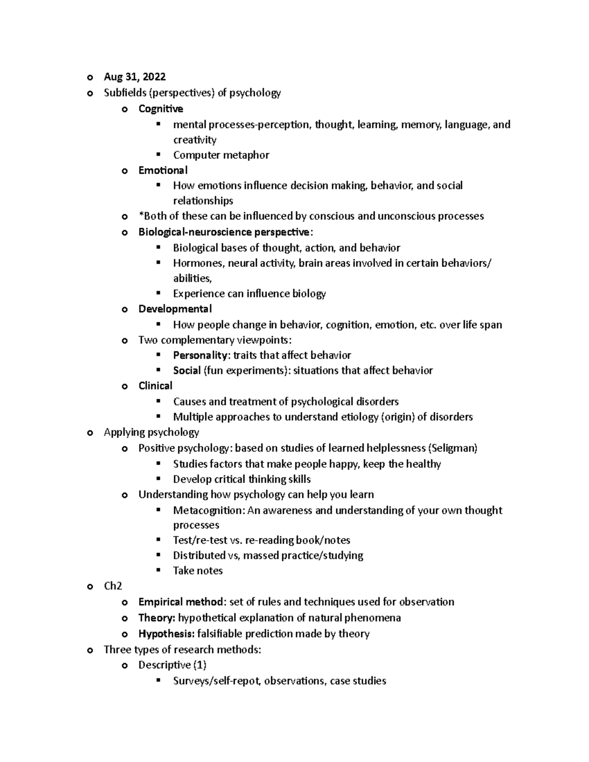 Psych notes - o Aug 31, 2022 o Subfields (perspectives) of psychology o ...