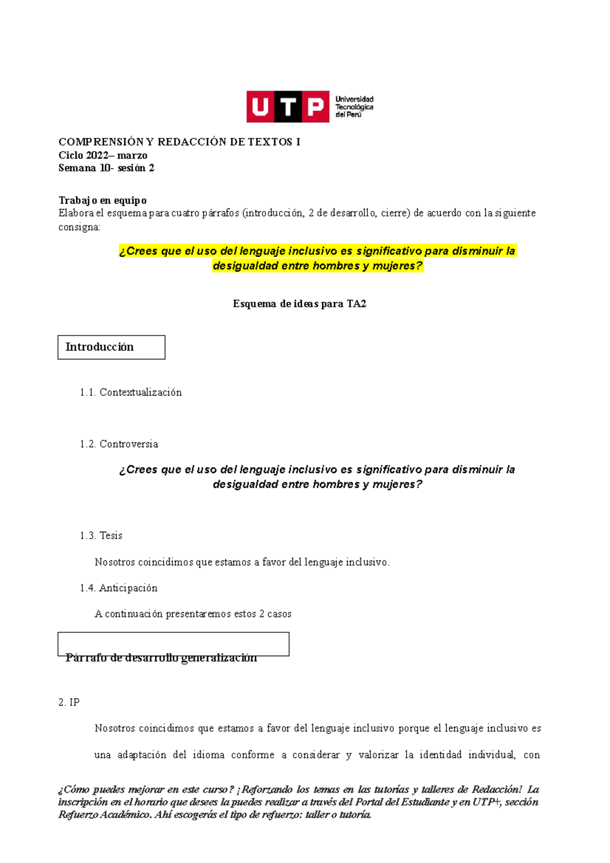 S10 s2 Esquema para TA2 COMPRENSIÓN Y REDACCIÓN DE TEXTOS I Ciclo 2022 marzo Semana 10