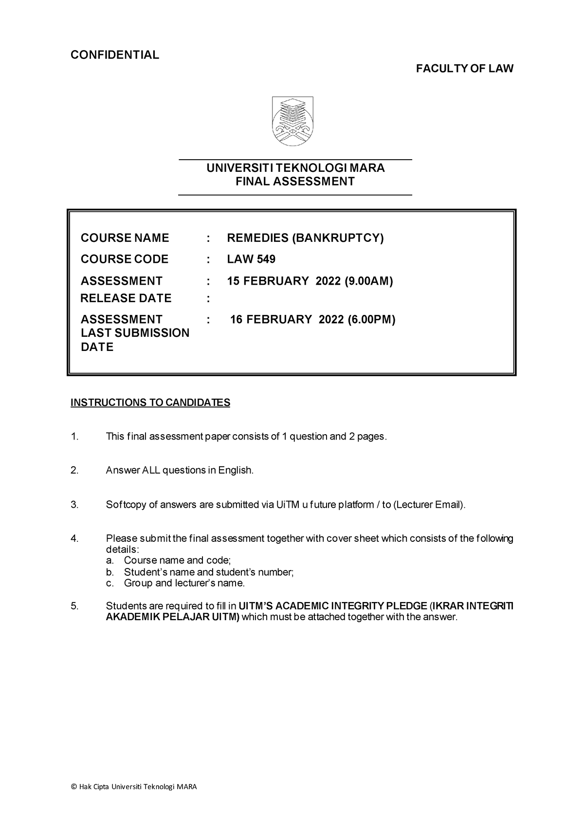 Final Assessment LAW 549 Remedies Bankruptcy 15 Feb 22 To 16 Feb 22 ...