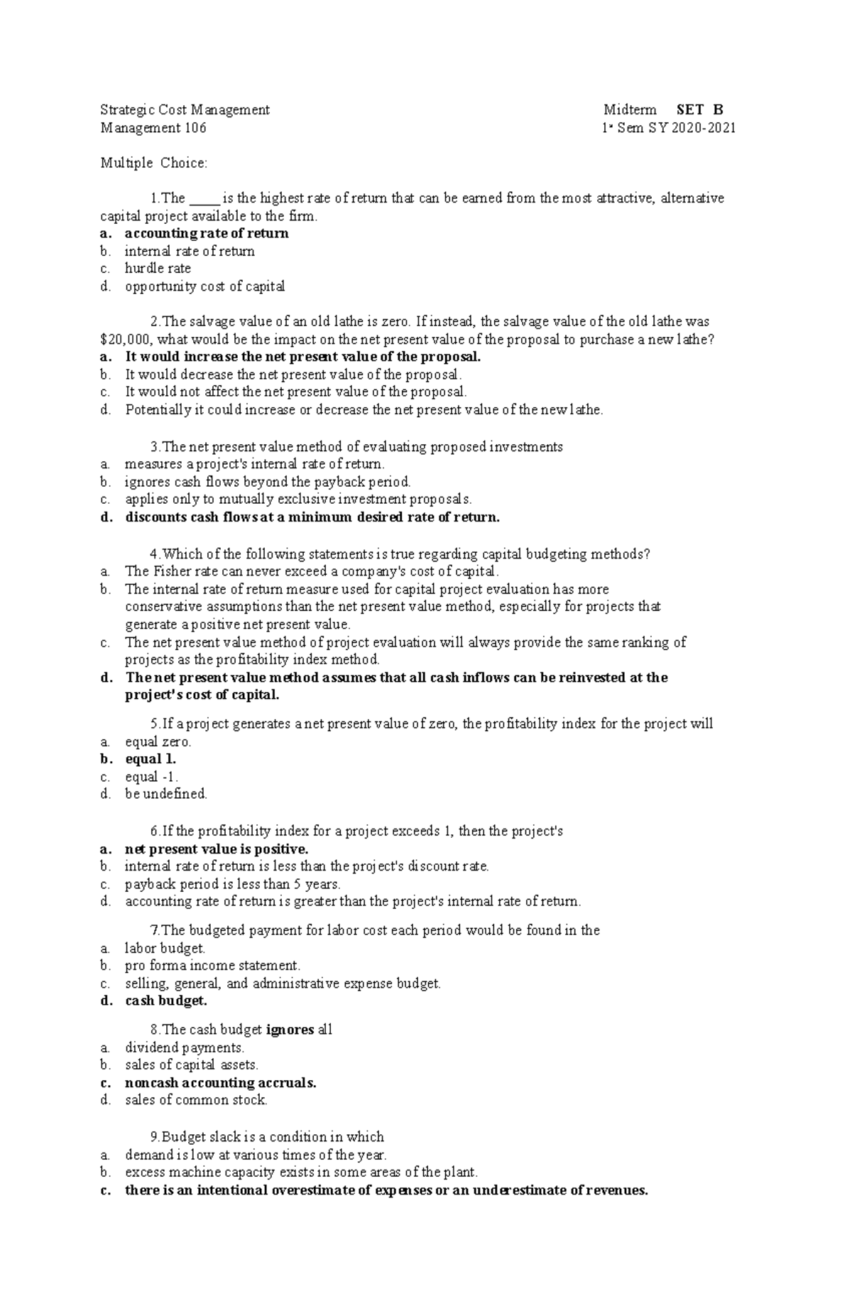 Exam 16 October 2020, questions - Strategic Cost Management Midterm SET ...