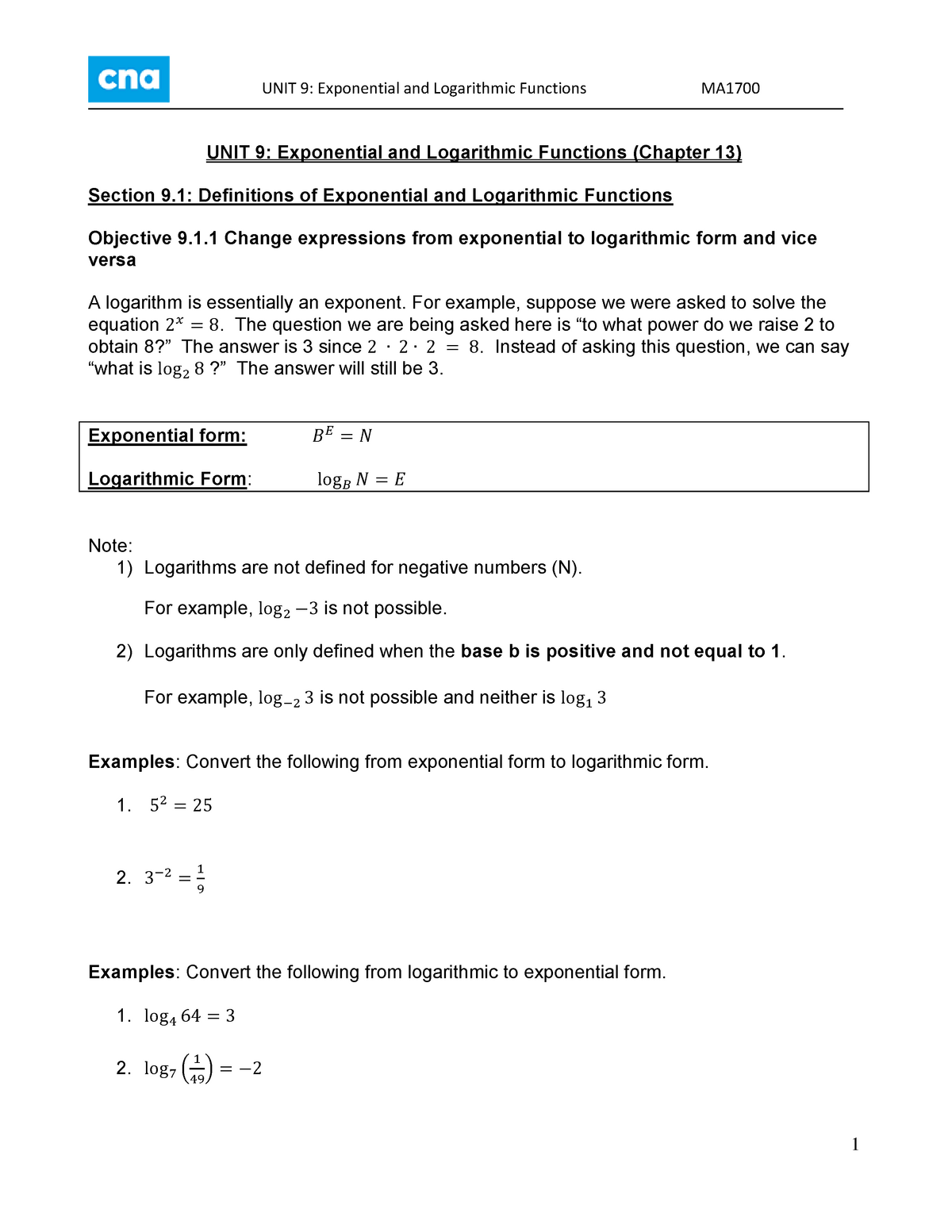 Ma1700 Notes Unit 9 Exponentials And Logarithms Unit Exponential And Logarithmic Functions Ma1700 Unit Exponential And Logarithmic Functions Chapter 13 Section Studocu