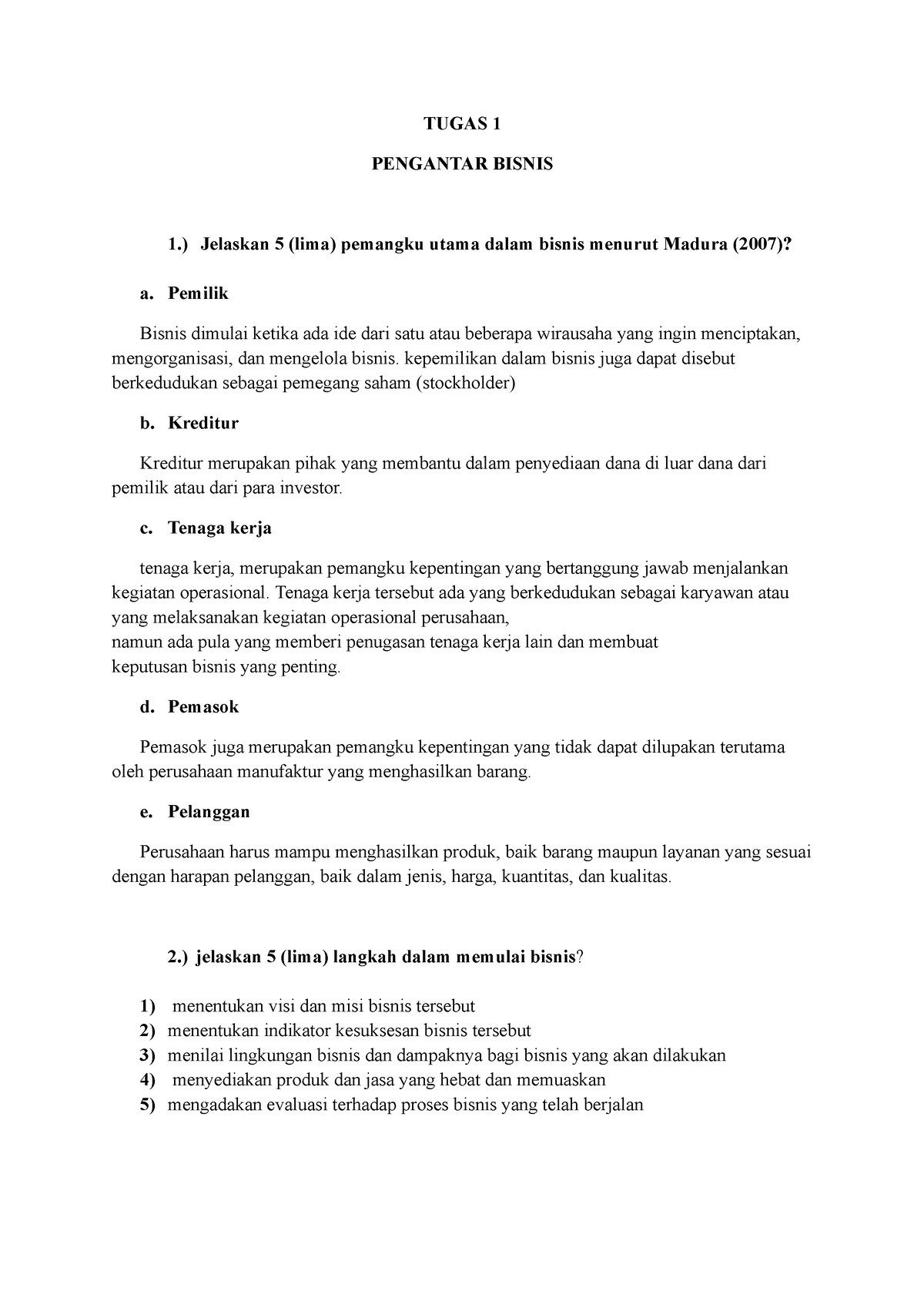 Tugas 1 Pengantar Bisnis - TUGAS 1 PENGANTAR BISNIS 1.) Jelaskan 5 ...