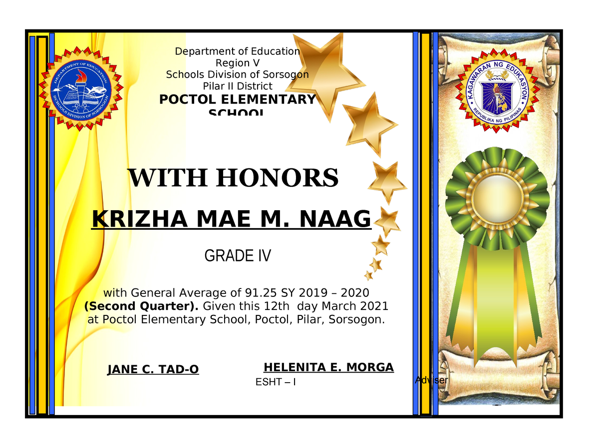 Award Certificates Editable 1 Department Of Education Region V Schools Division Of Sorsogon 9524