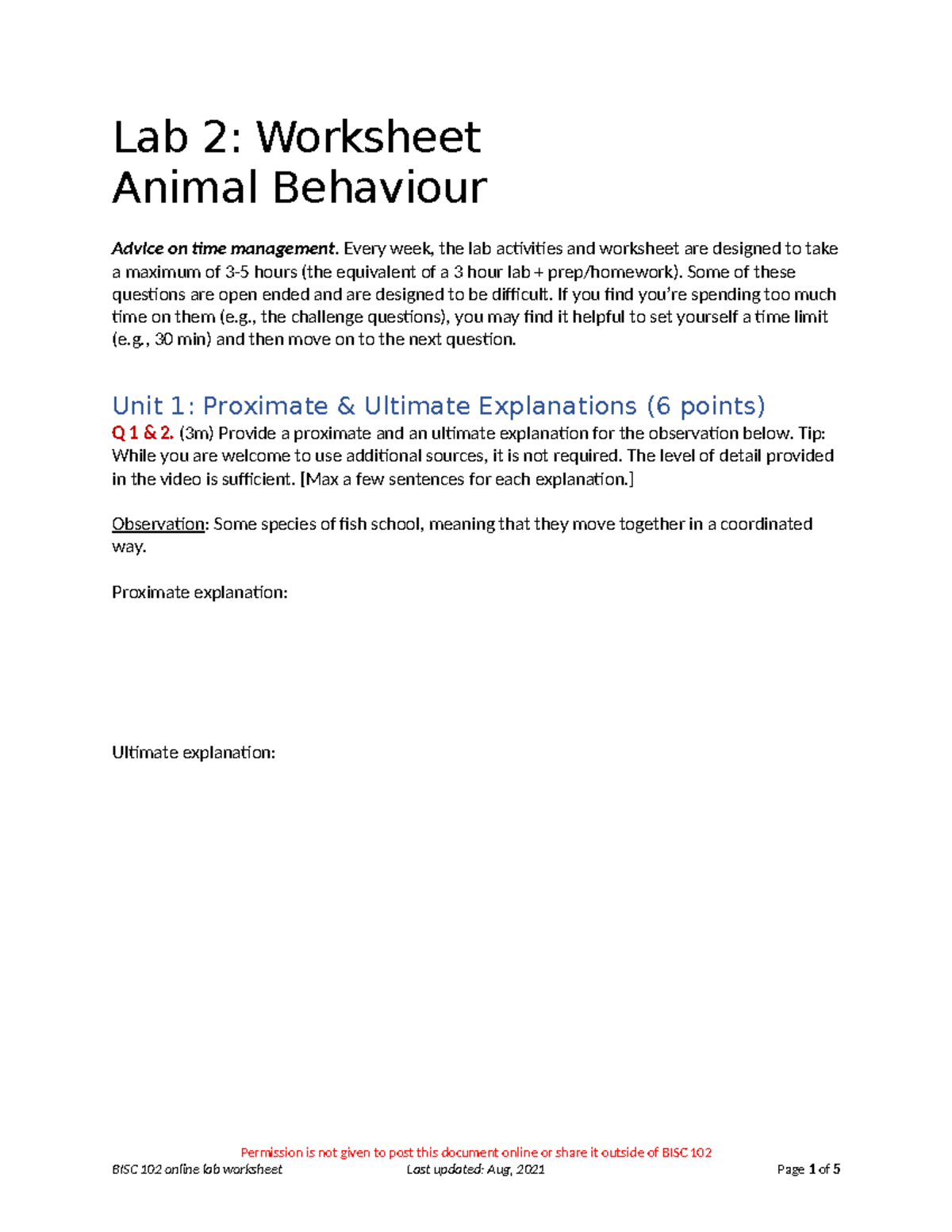 BISC 102 Lab 2 - LAB 2 - Lab 2: Worksheet Animal Behaviour Advice on ...