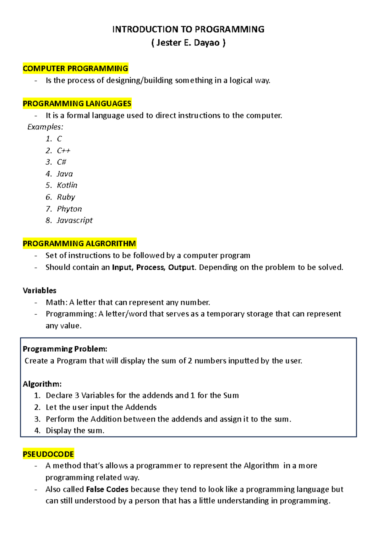 Programming Notes - INTRODUCTION TO PROGRAMMING ( Jester E. Dayao ...