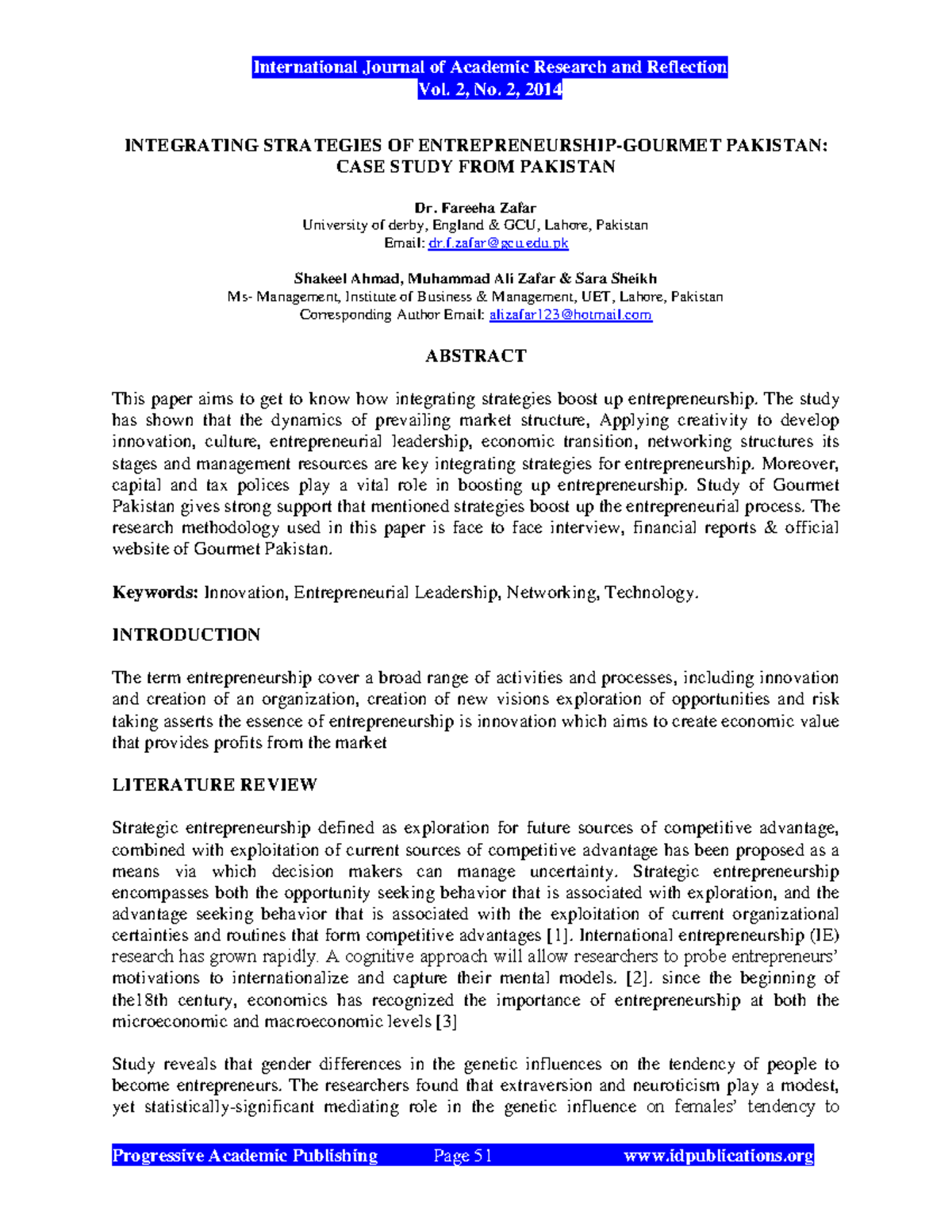 Integrating Strategies OF Entrepreneurship Gourmet Pakistan CASE Study ...