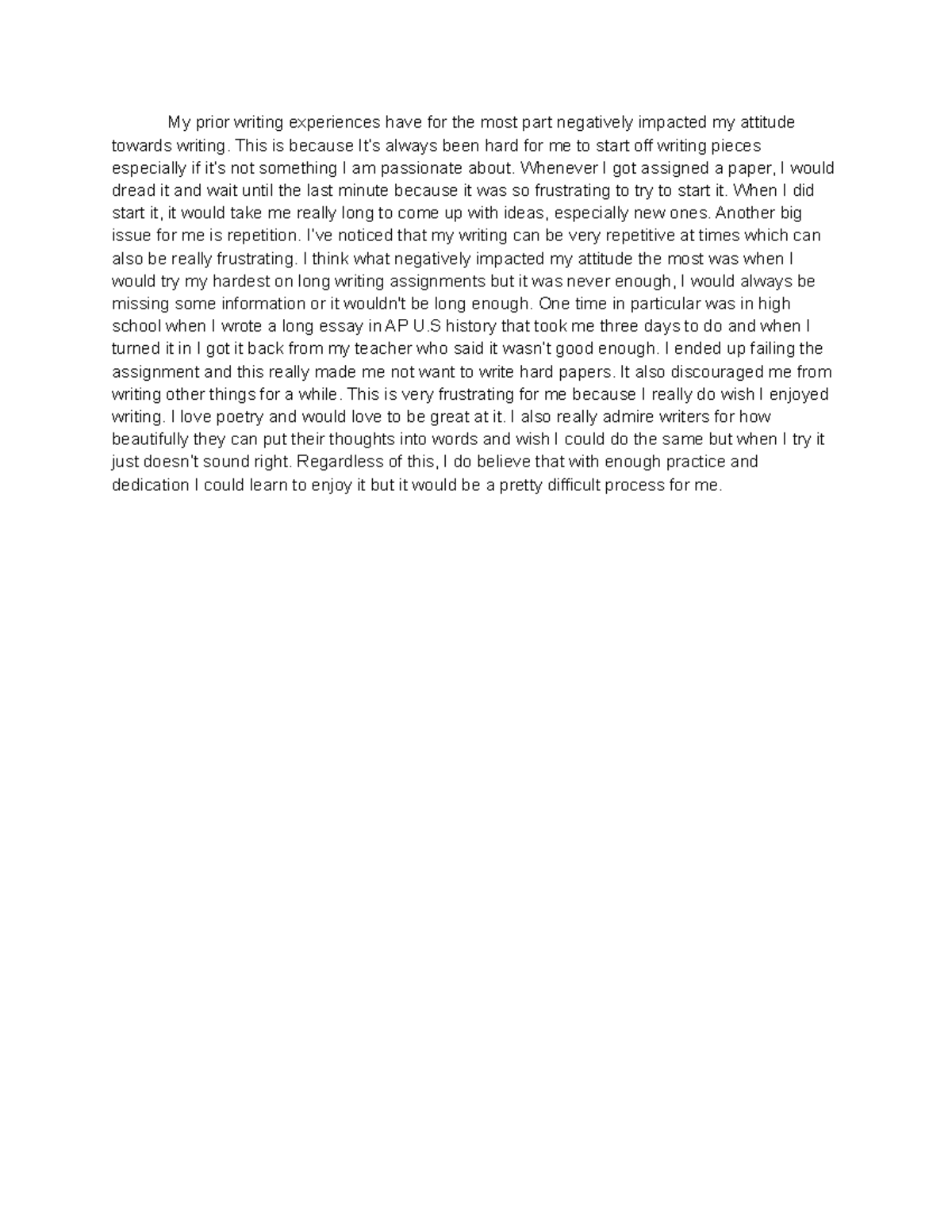 my writing experiences assignment - My prior writing experiences have ...