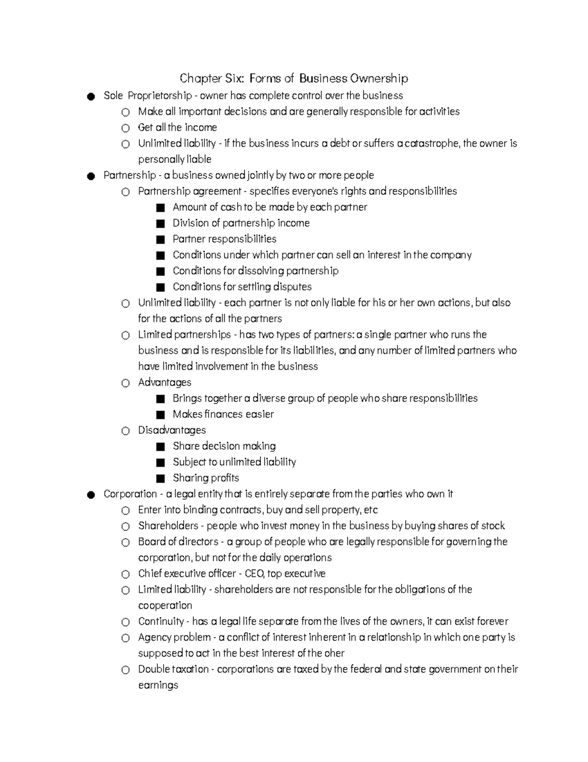 Chapter Six Forms of Business Ownership Studocu