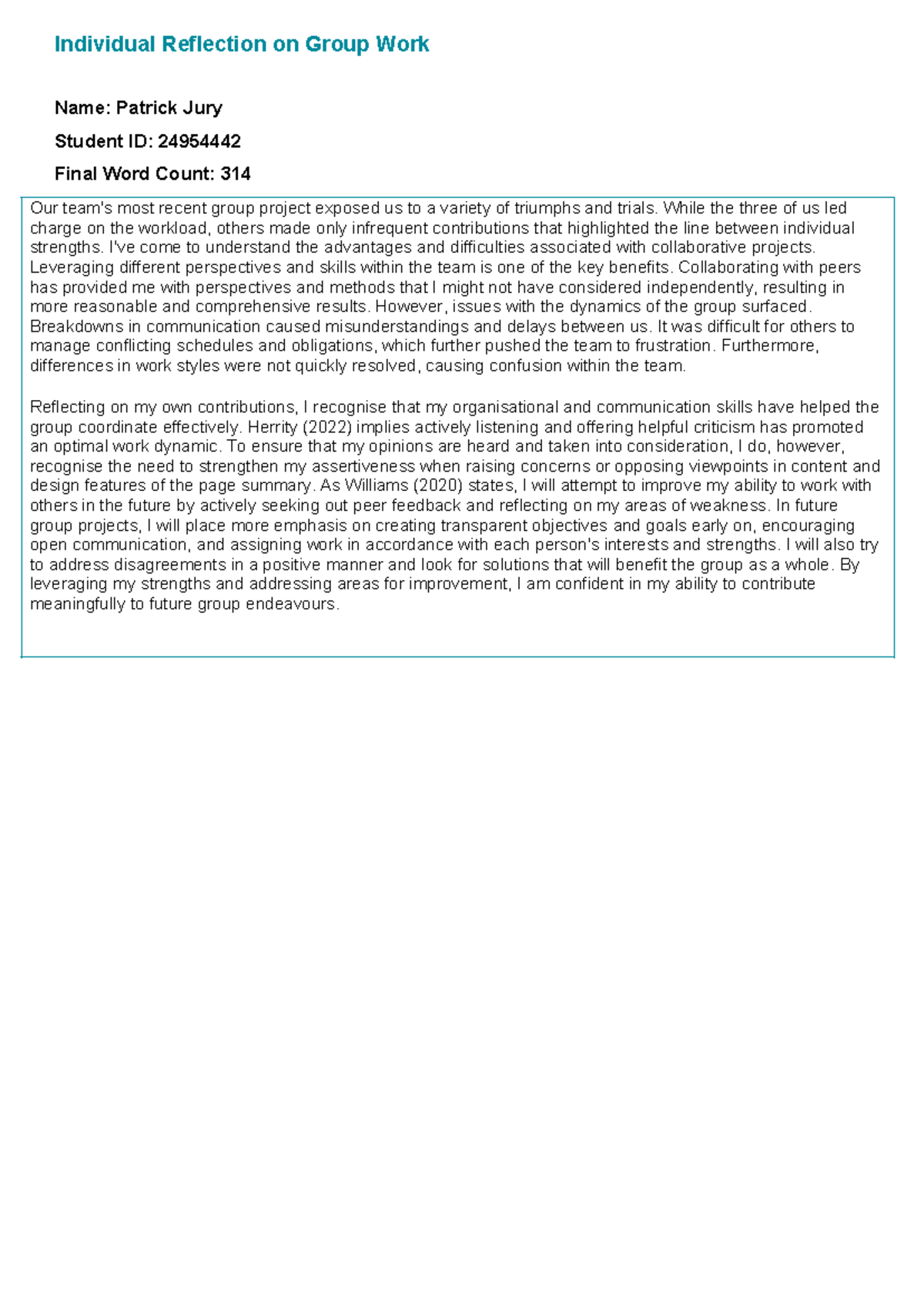 Individual Reflection template-3 - Individual Reflection on Group Work ...