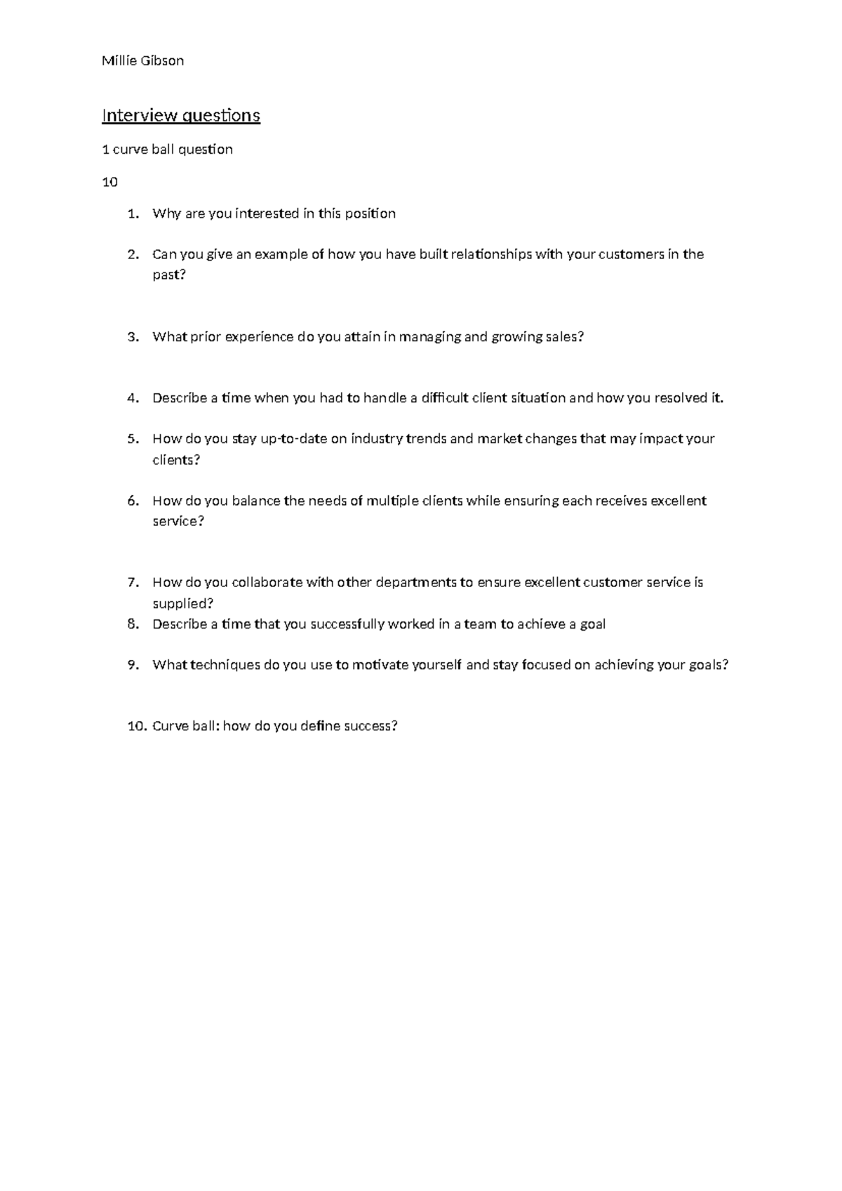 Interview questions, MG - Millie Gibson Interview questions 1 curve ...