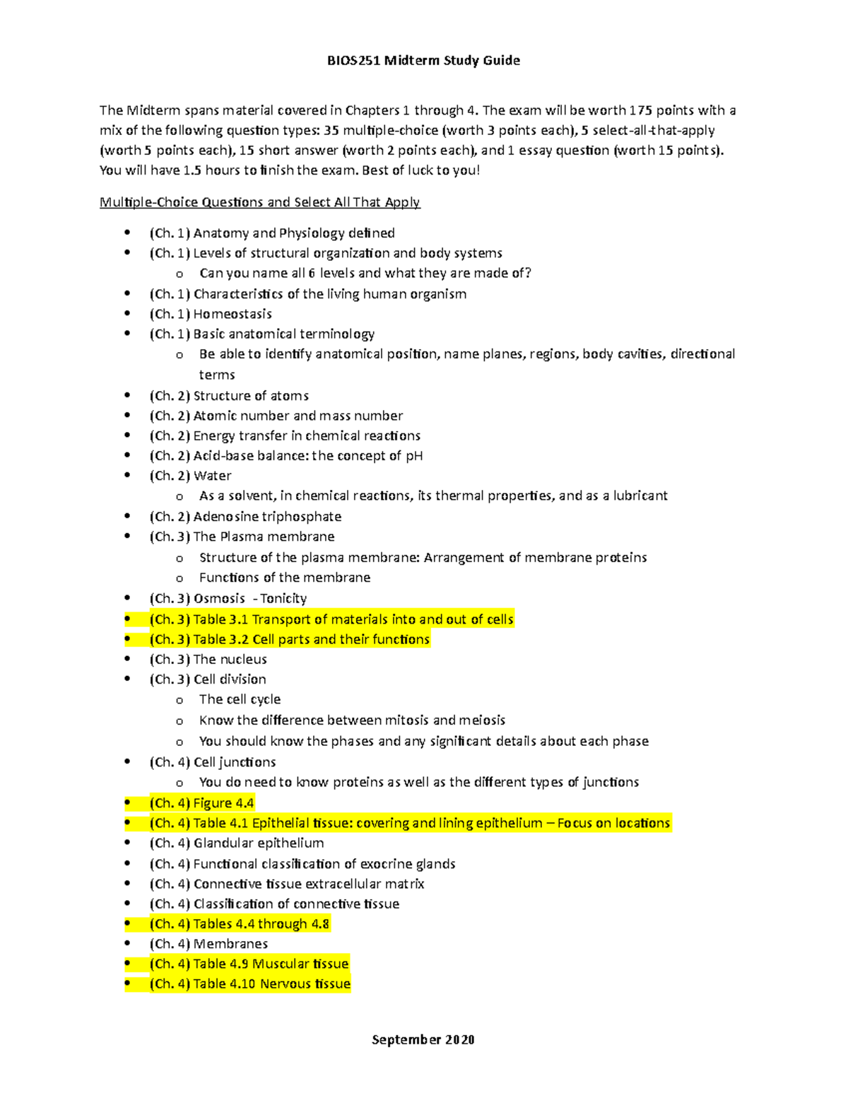BIOS251 Midterm Study Guide Sep2020 - BIOS251 Midterm Study Guide The ...