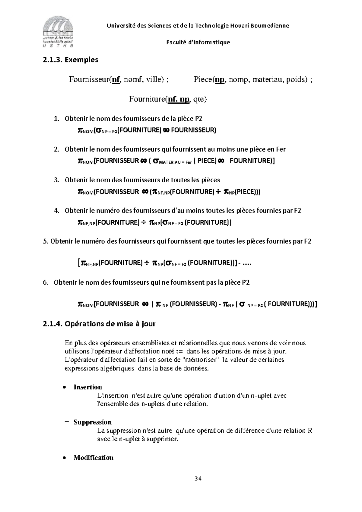 BD33 - course - Faculté d’Informatique 2.1. Exemples Fournisseur(nf ...