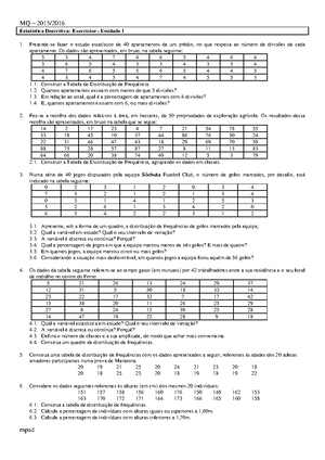 Exercicios Metodos Quantitativos 1 - Exercícios - Unidade 1- Cálculo ...