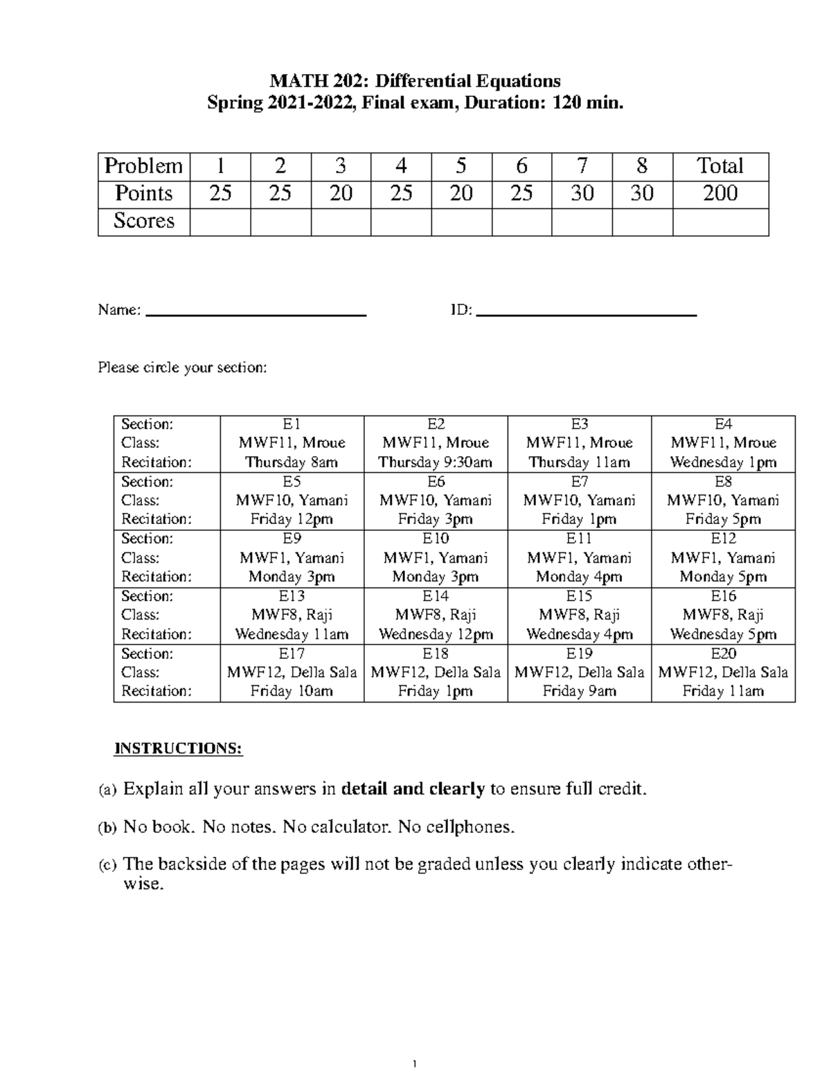 202finalexamsol - MATH202 FINAL EXAM - MATH 202: Differential Equations ...