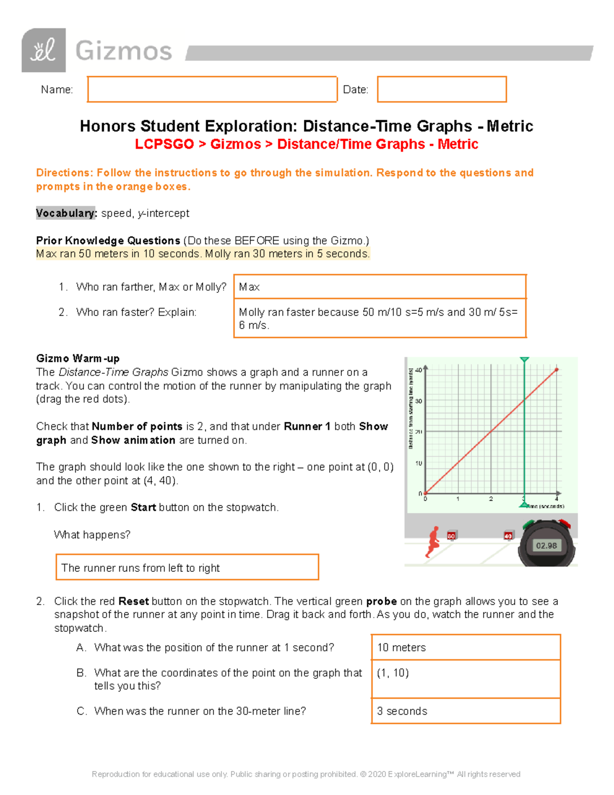 Distance-time Graphs Gizmo - Name: Date: Honors Student Exploration ...