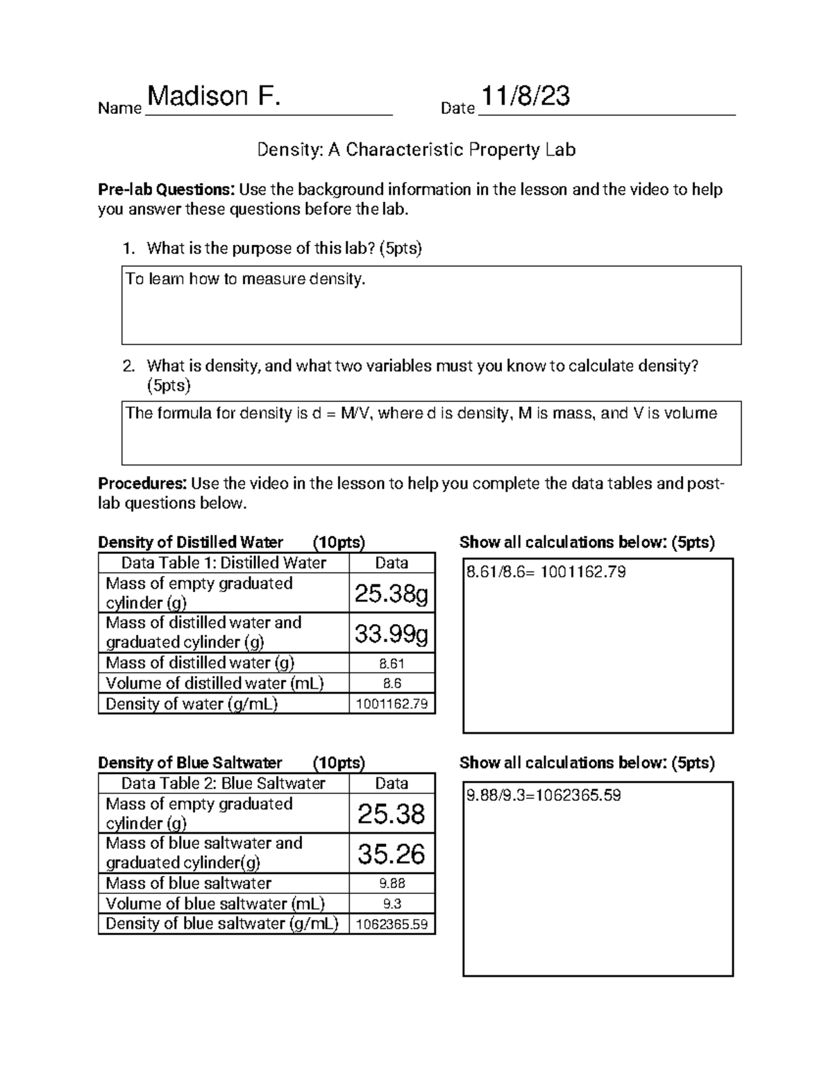 Density Lab assignment Name Date Density A Characteristic Property