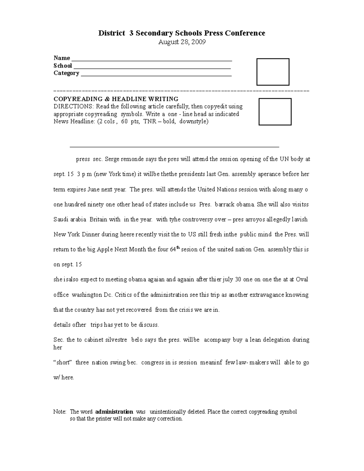 Copyreading 10 An Activity Sheet For Copy Reading District 3 