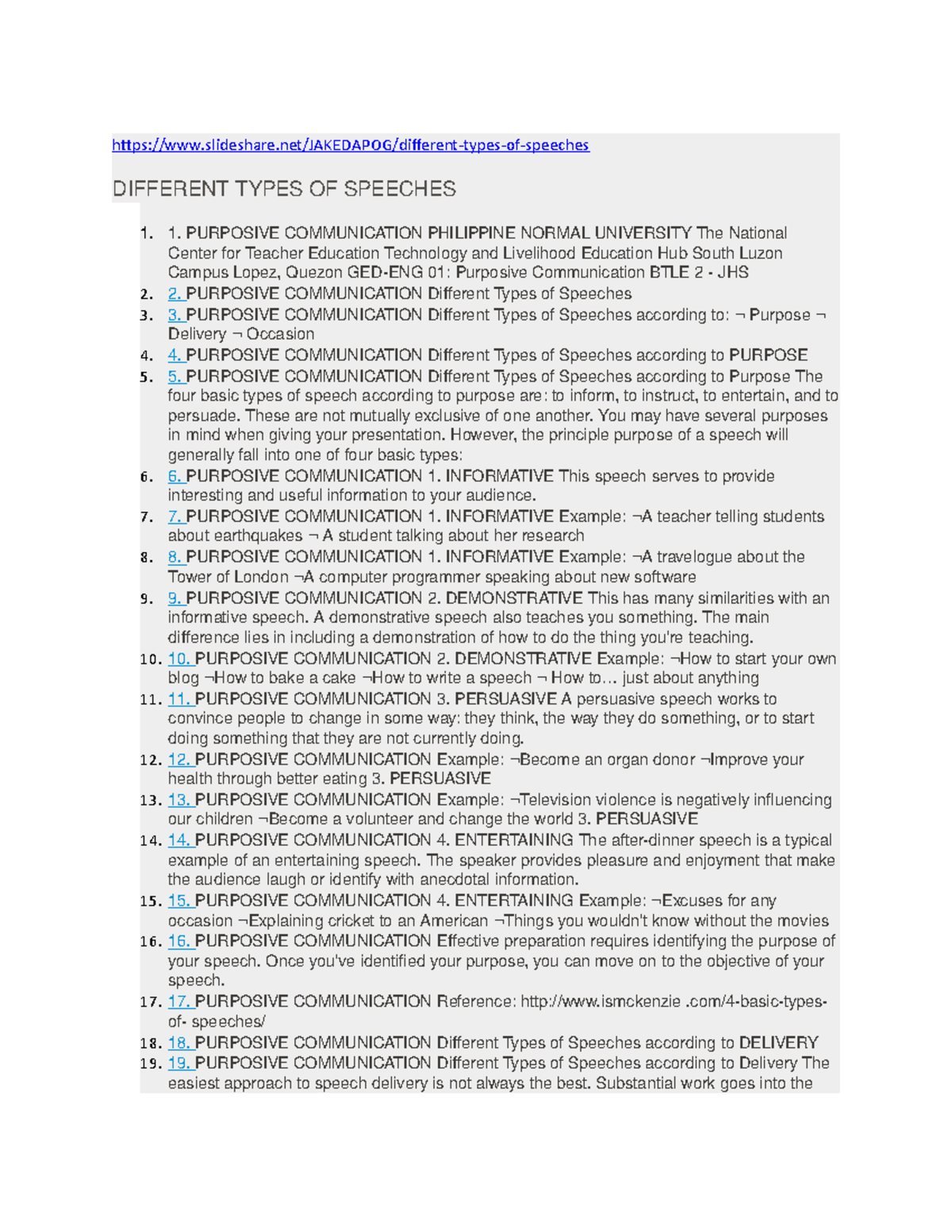 types of speeches in purposive communication