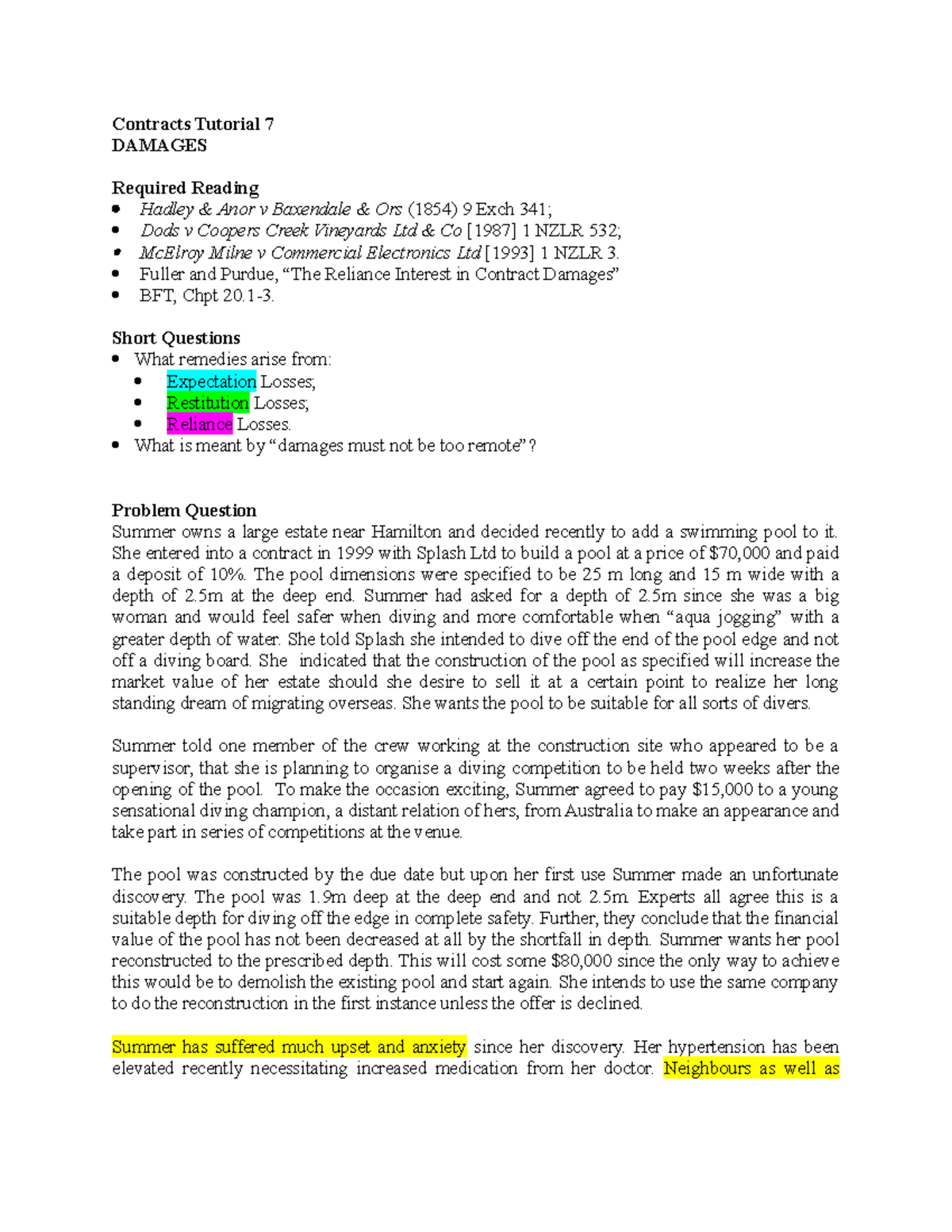 Contracts Tutorial 7 Damages Contracts Tutorial 7 Damages Required Reading Hadley Anor V Contracts Tutorial 7 Damages Contracts Tutorial 7 Damages Required Reading Hadley Anor V
